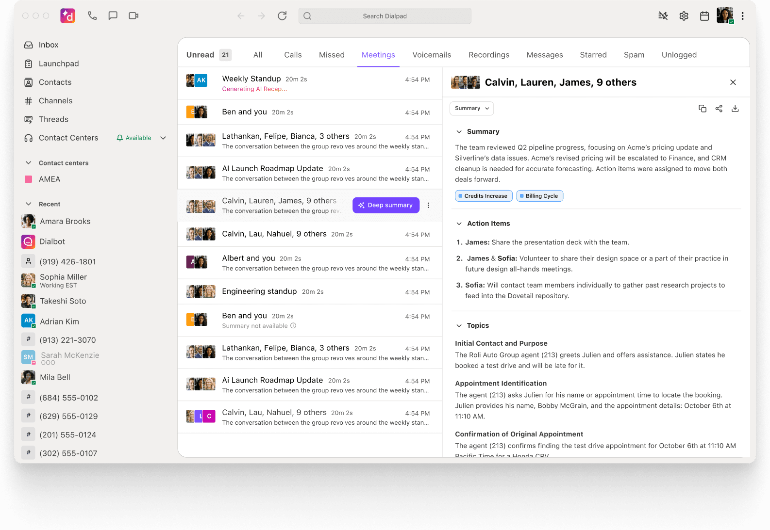 Dialpad Connect meeting recap with summary and action items