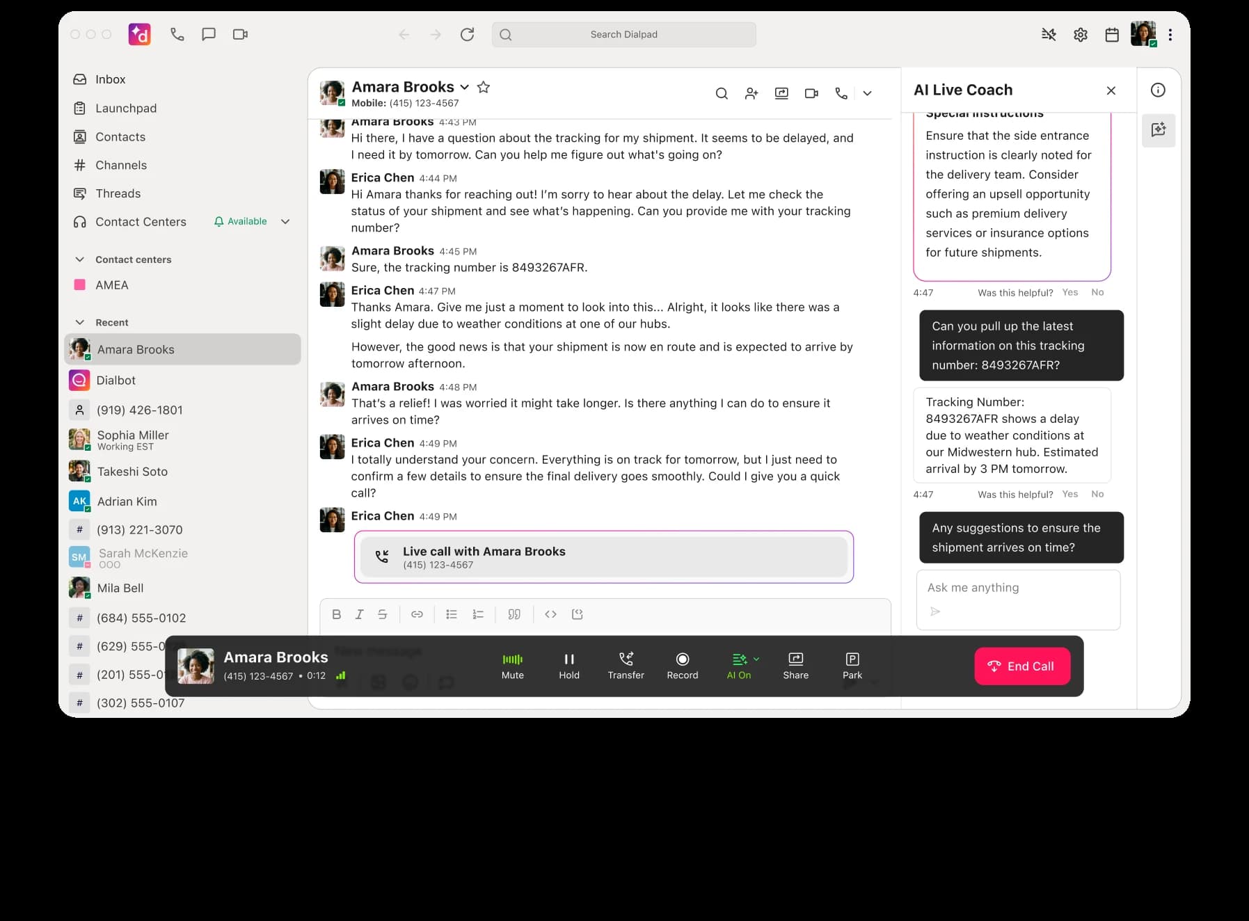 Dialpad AI Live Coach in a live conversation