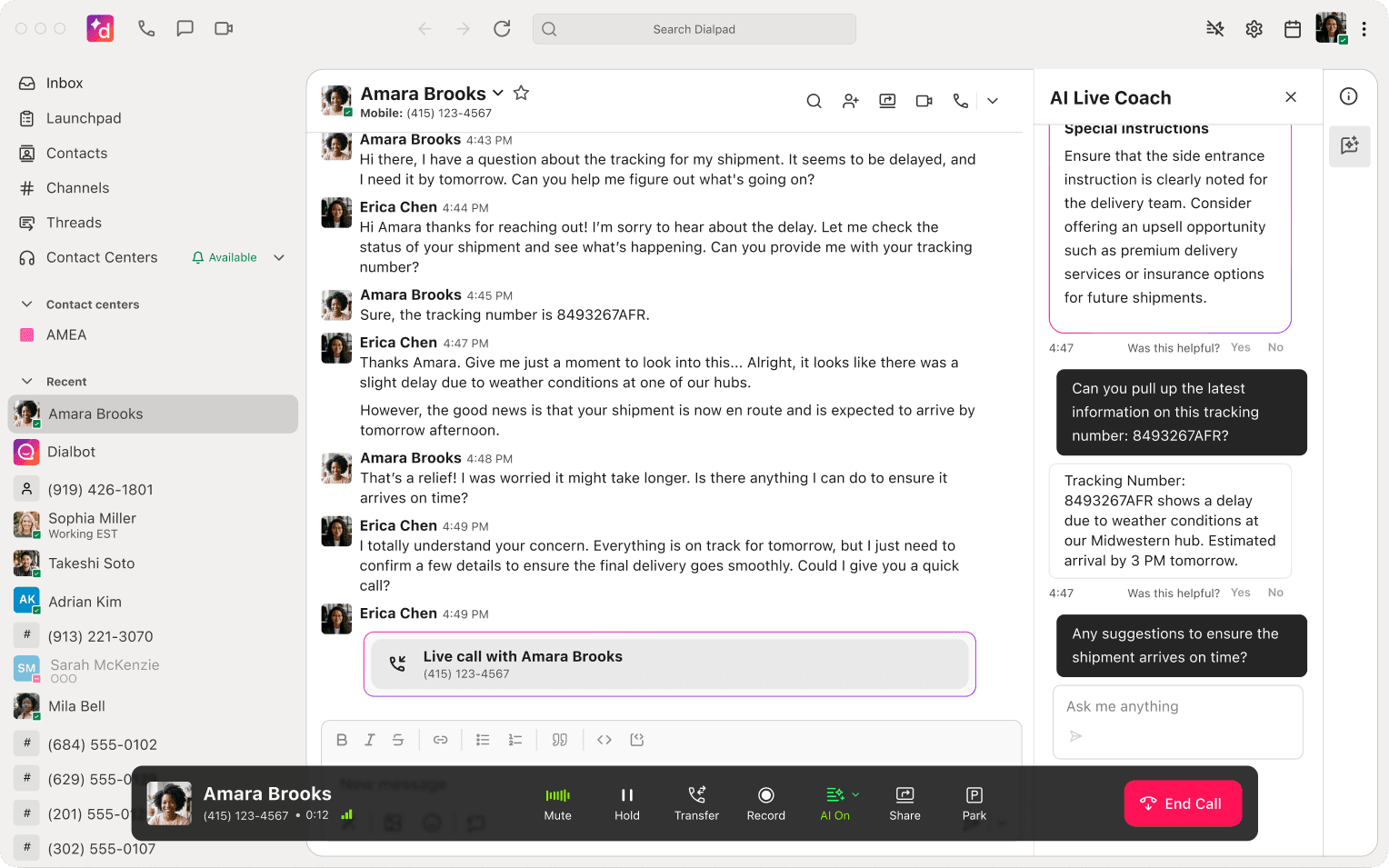 Dialpad AI Live Coach panel guiding an agent during a live call
