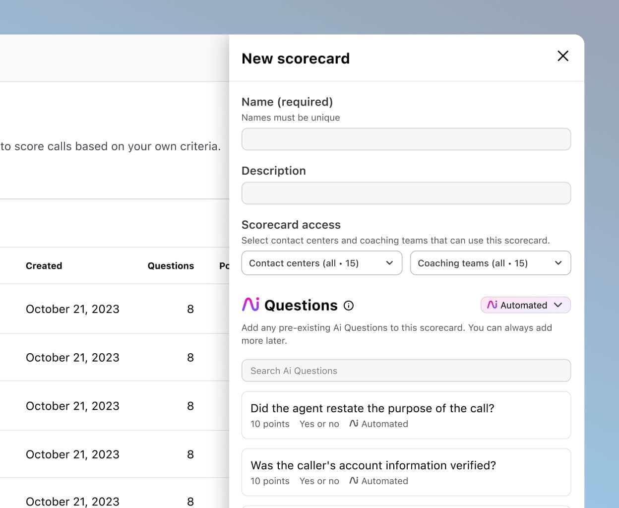 Screenshot of creating a Dialpad Ai Scorecard in Dialpad’s online dashboard