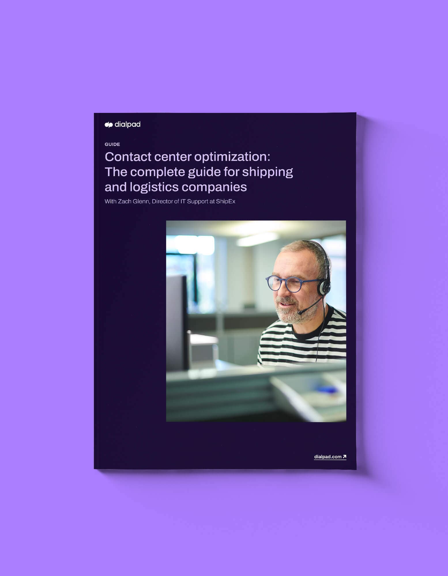 Mockup of an ebook titled Contact center optimization the complete guide for shipping and logistics companies