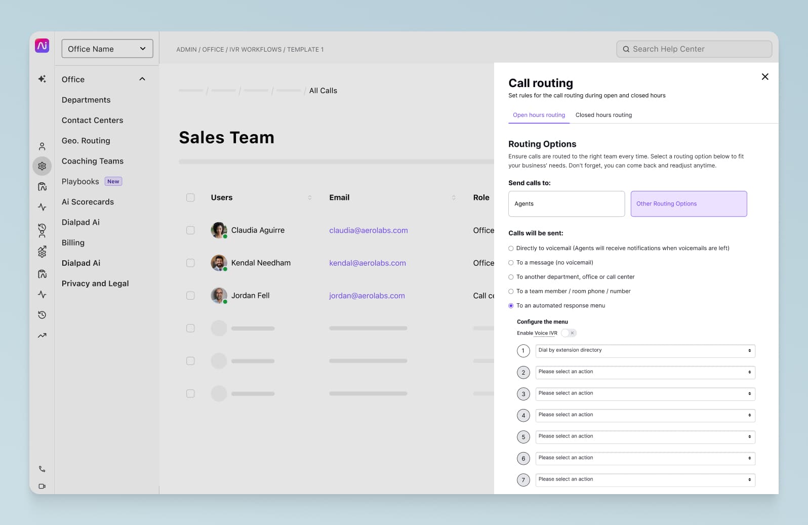 Screenshot of Dialpad's IVR options