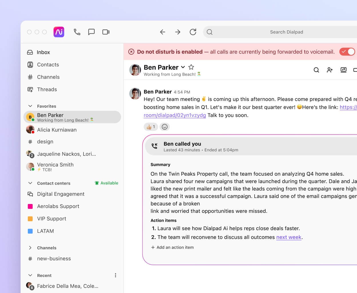 Screenshot of Dialpads do not disturb feature blocking a call