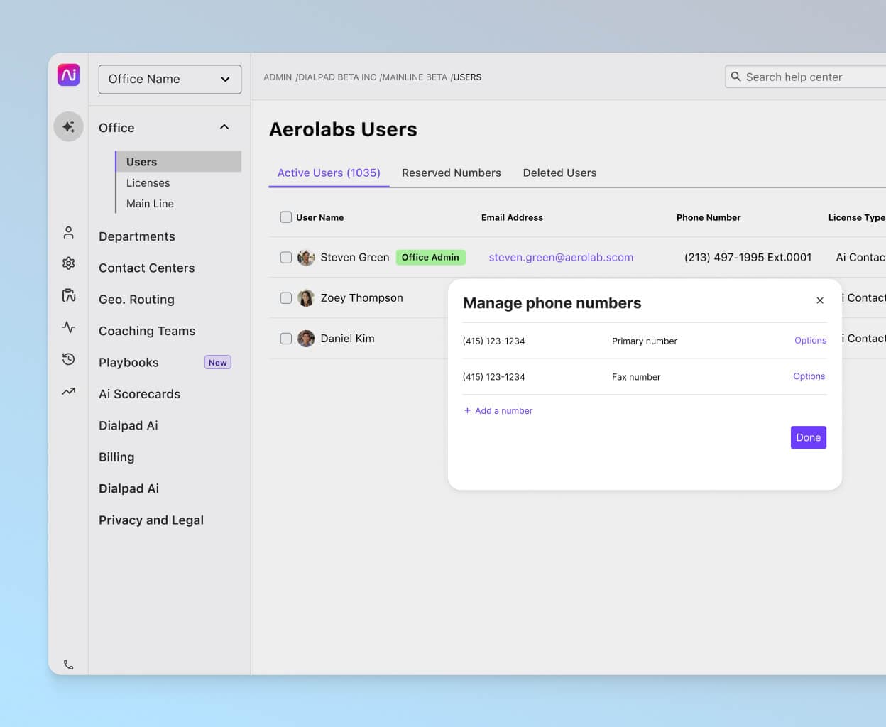 Screenshot of adding and managing phone numbers from Dialpad's online dashboard