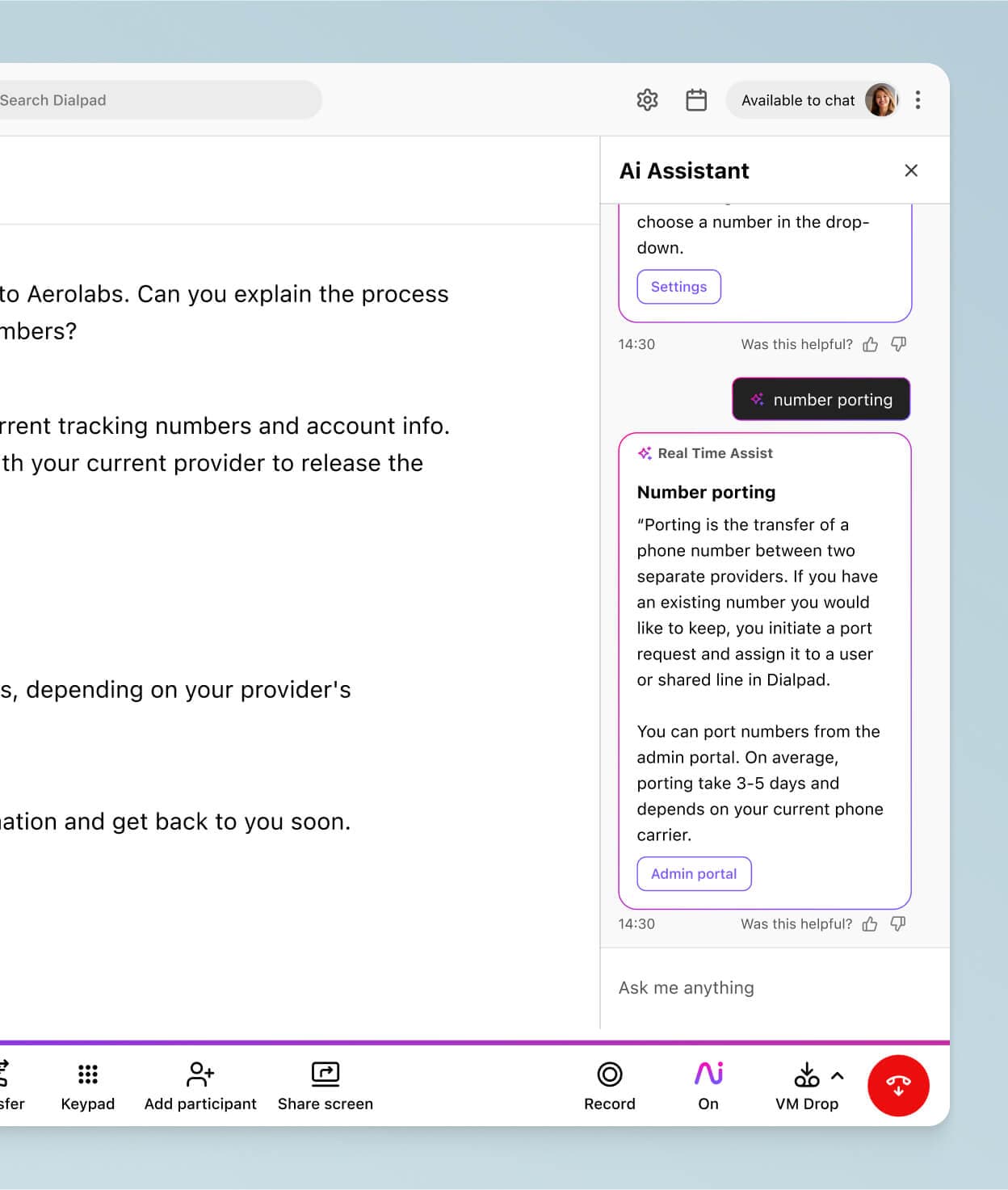 Screenshot of Dialpad Ai Agent Assist providing AI support with instant info access and suggested responses