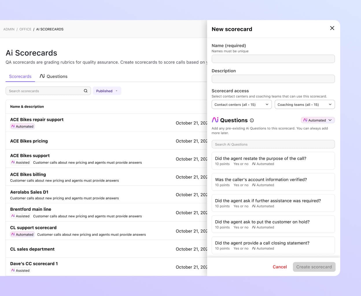 Screenshot of creating a Dialpad Ai Scorecard in Dialpad’s online dashboard