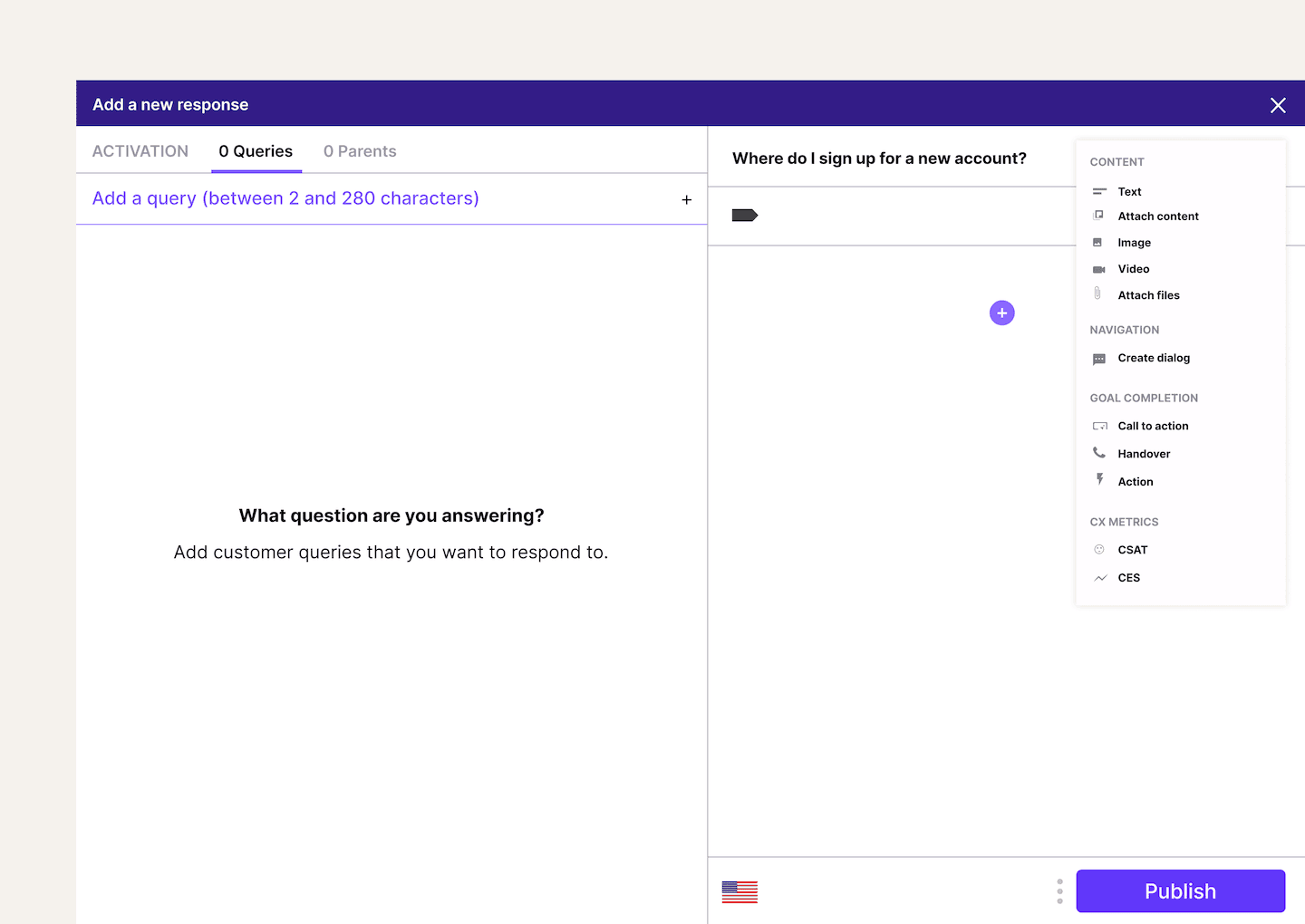 Creating a chatbot response flow using Dialpad's no-code drag-and-drop builder.