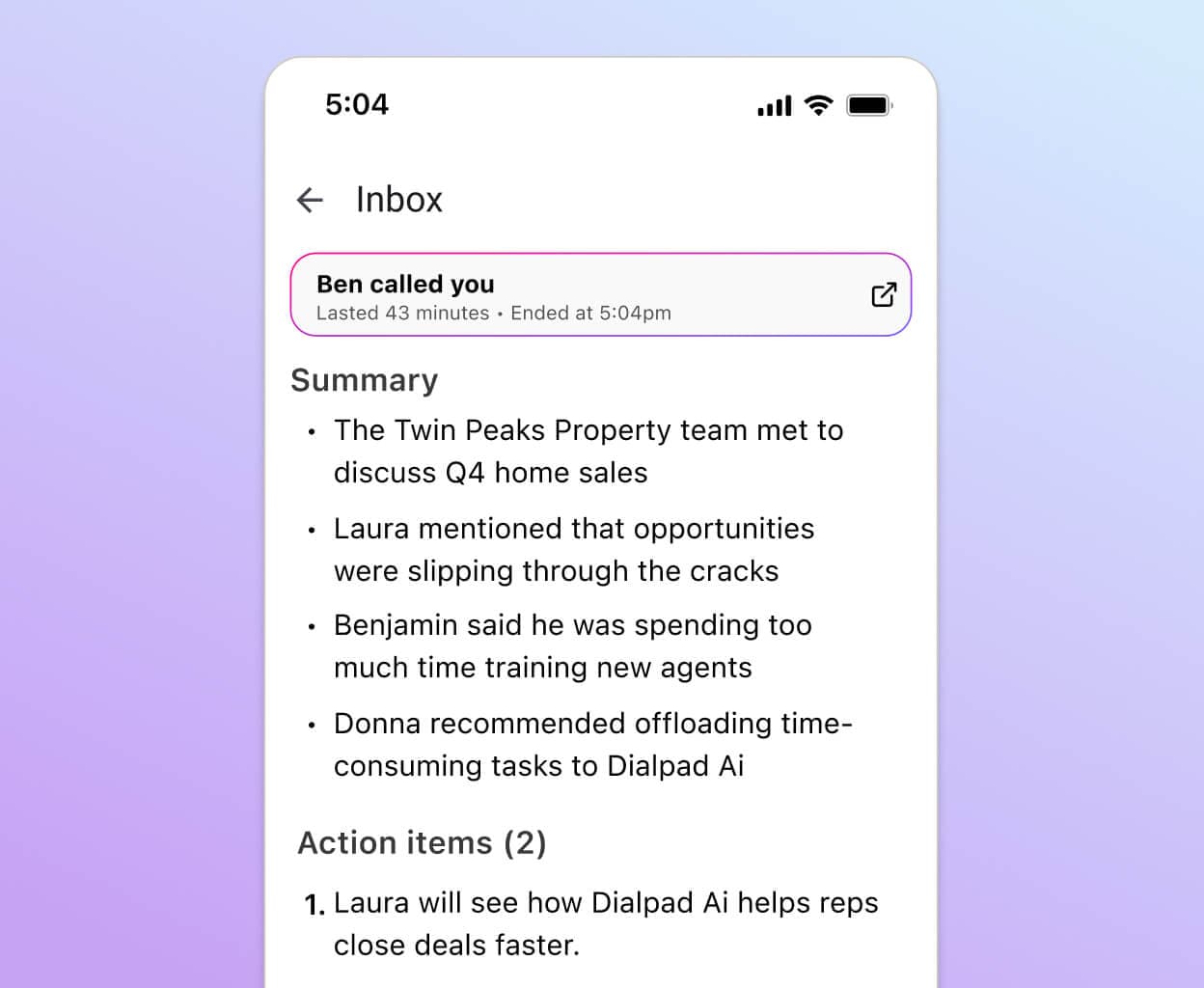 Screenshot of Dialpad's Ai-generated call summary with action items