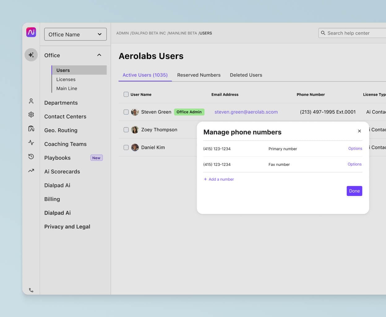 Adding and managing phone numbers from Dialpad's online dashboard.