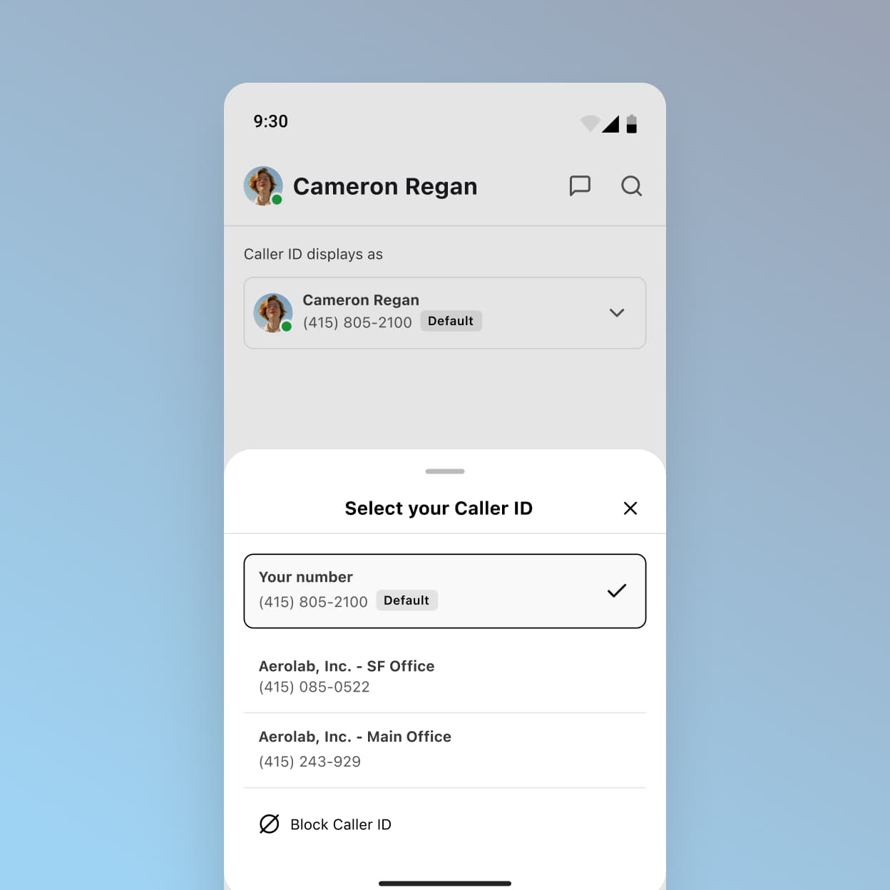 Screenshot of choosing a caller ID to display when making a work call using Dialpad's app