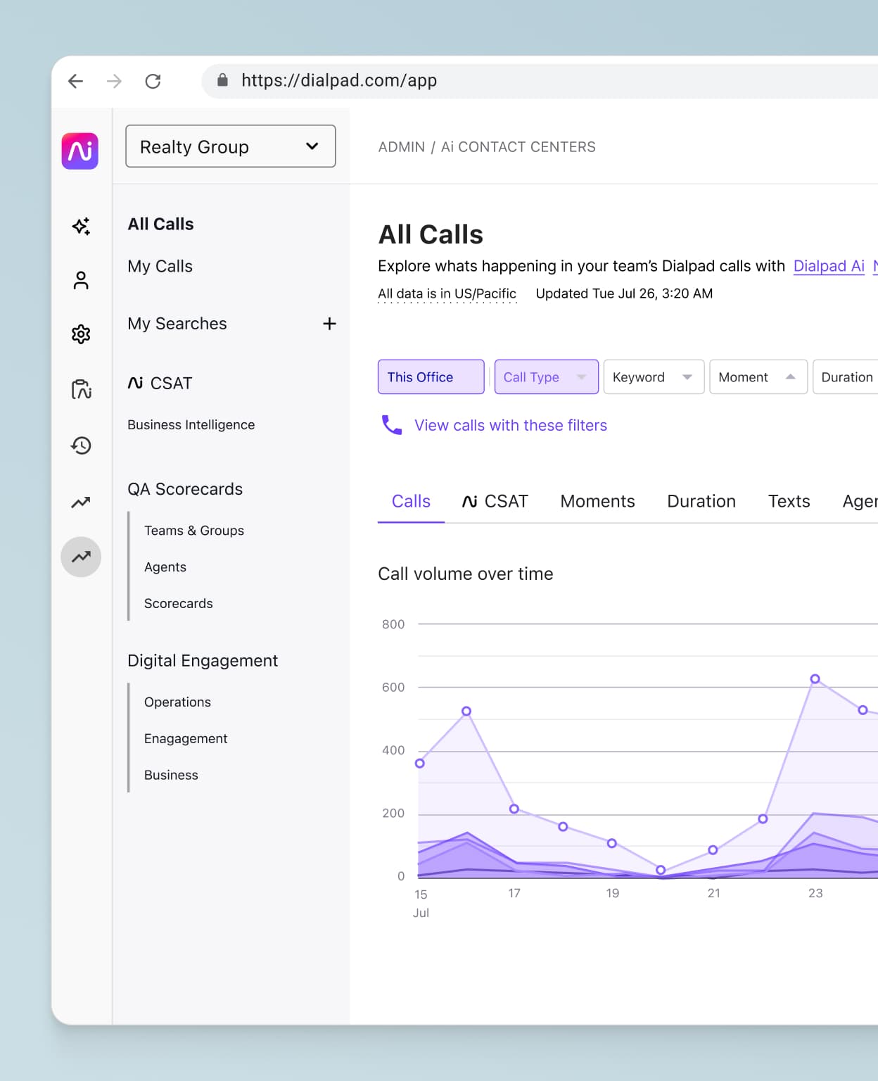 Un ordinateur affichant le tableau de bord analytique d'assistance de Dialpad