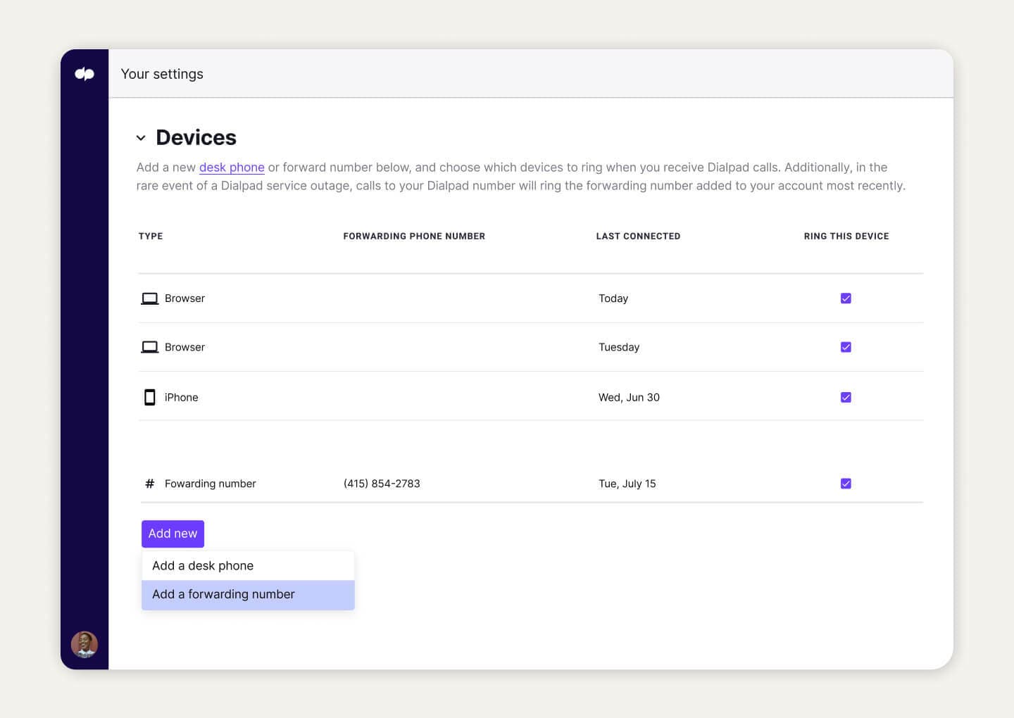 Screenshot of adding a call forwarding number from Dialpad’s online dashboard.