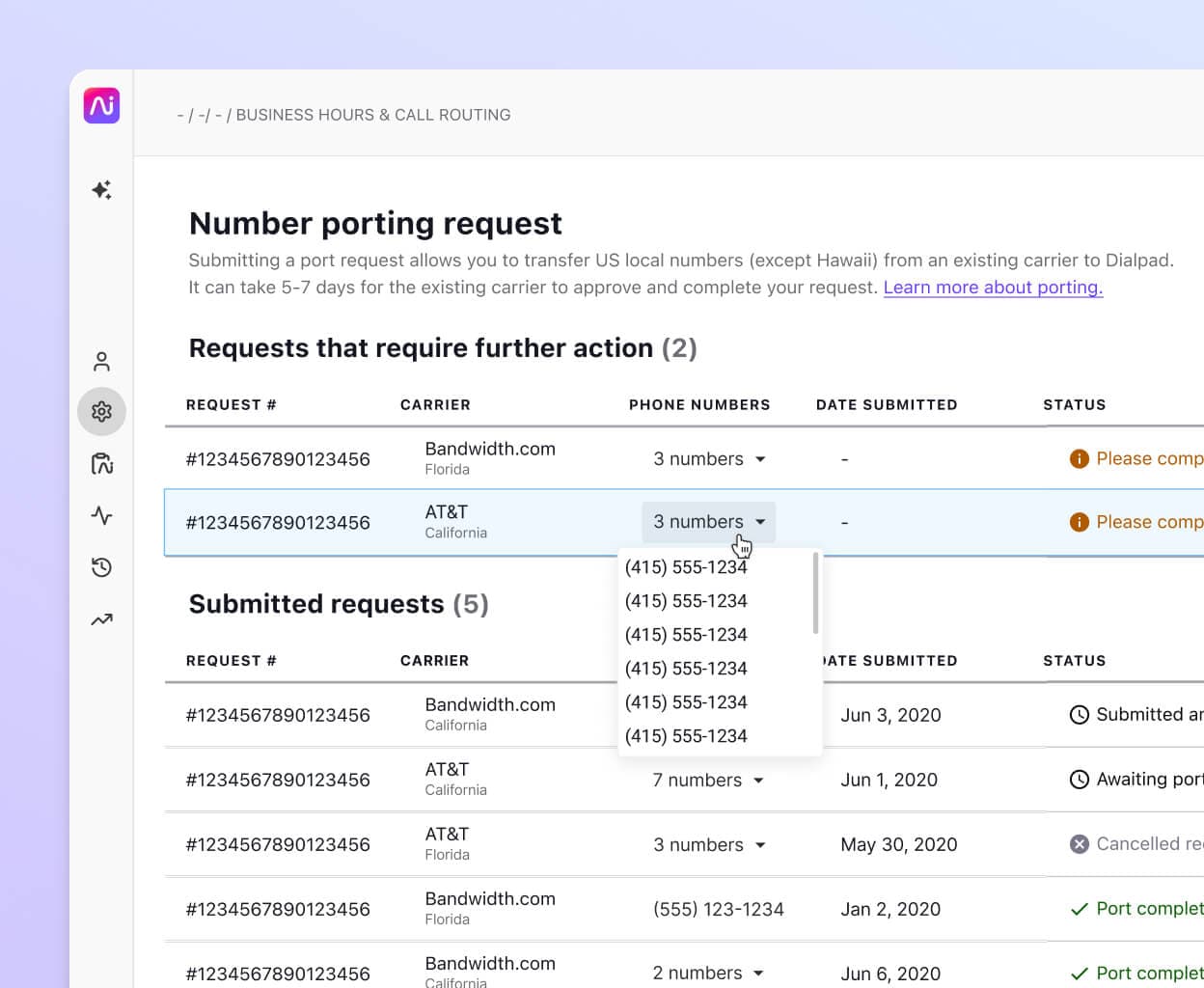 Screenshot of number porting requests in Dialpad's online dashboard