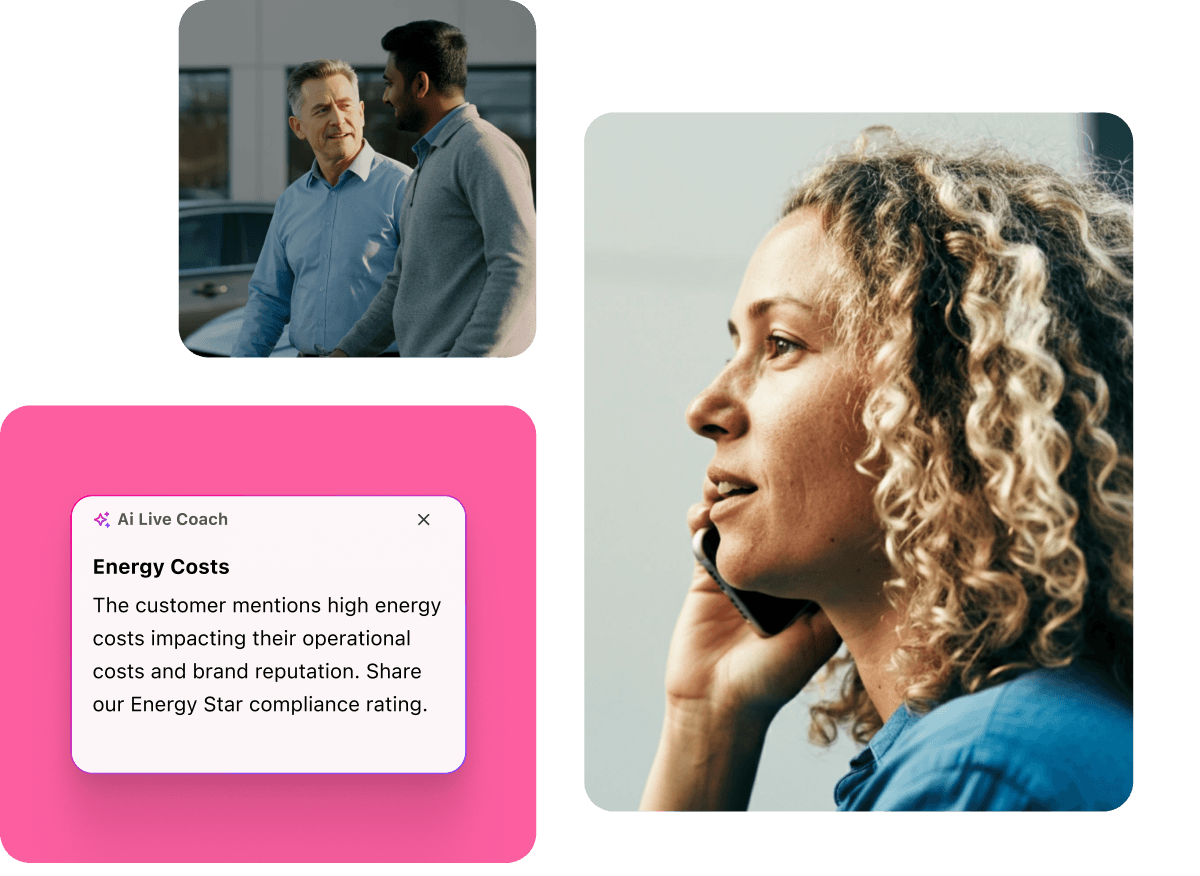 Image of two people talking to one another in a car lot, Screenshot of Ai Live Coach providing information to a human agent in real time during a sales conversation, Image of a person making a phone call on a mobile phone