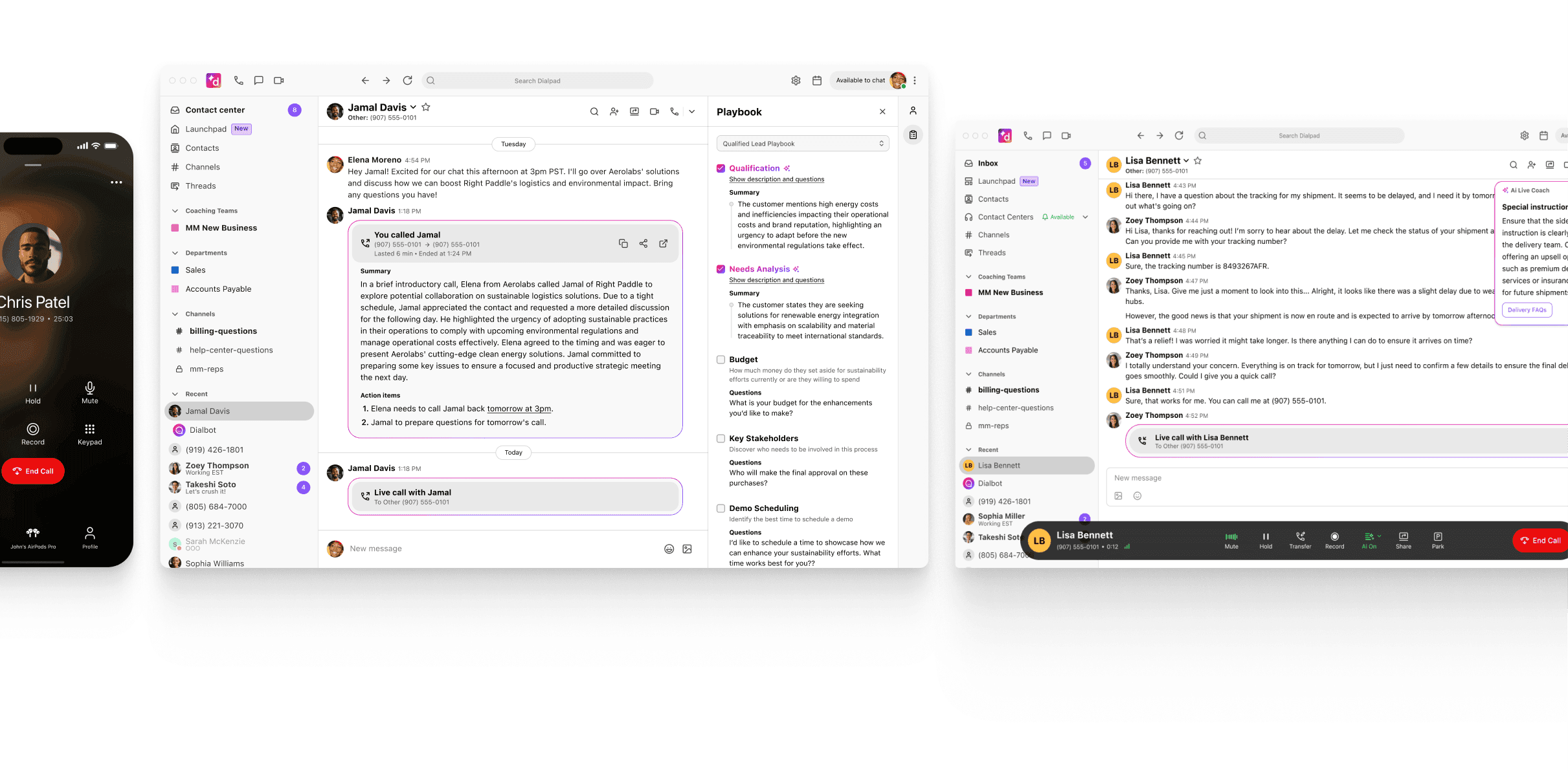 Image of a mobile phone receiving a call from a known contact, Screenshot of the Dialpad desktop app showing a call summary from a sales rep to a prospect with Ai Playbook information on the side of the call summary, Screenshot of the Dialpad desktop app and a transcript of an agent helping a customer find the information they need while on a live call