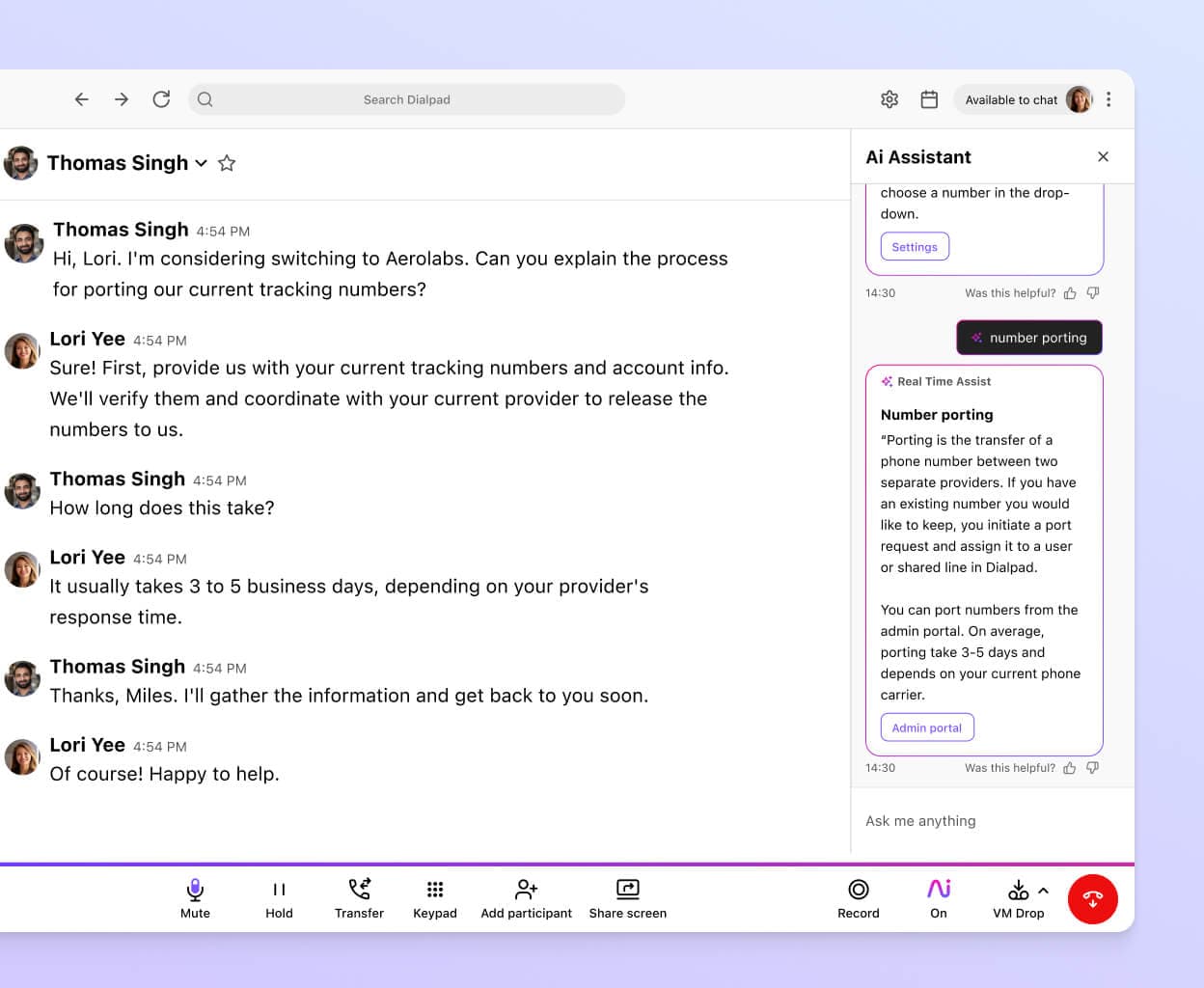 Screenshot of Dialpads real time assist card feature popping up helpful notes for an agent or rep when a tricky question comes up on a call