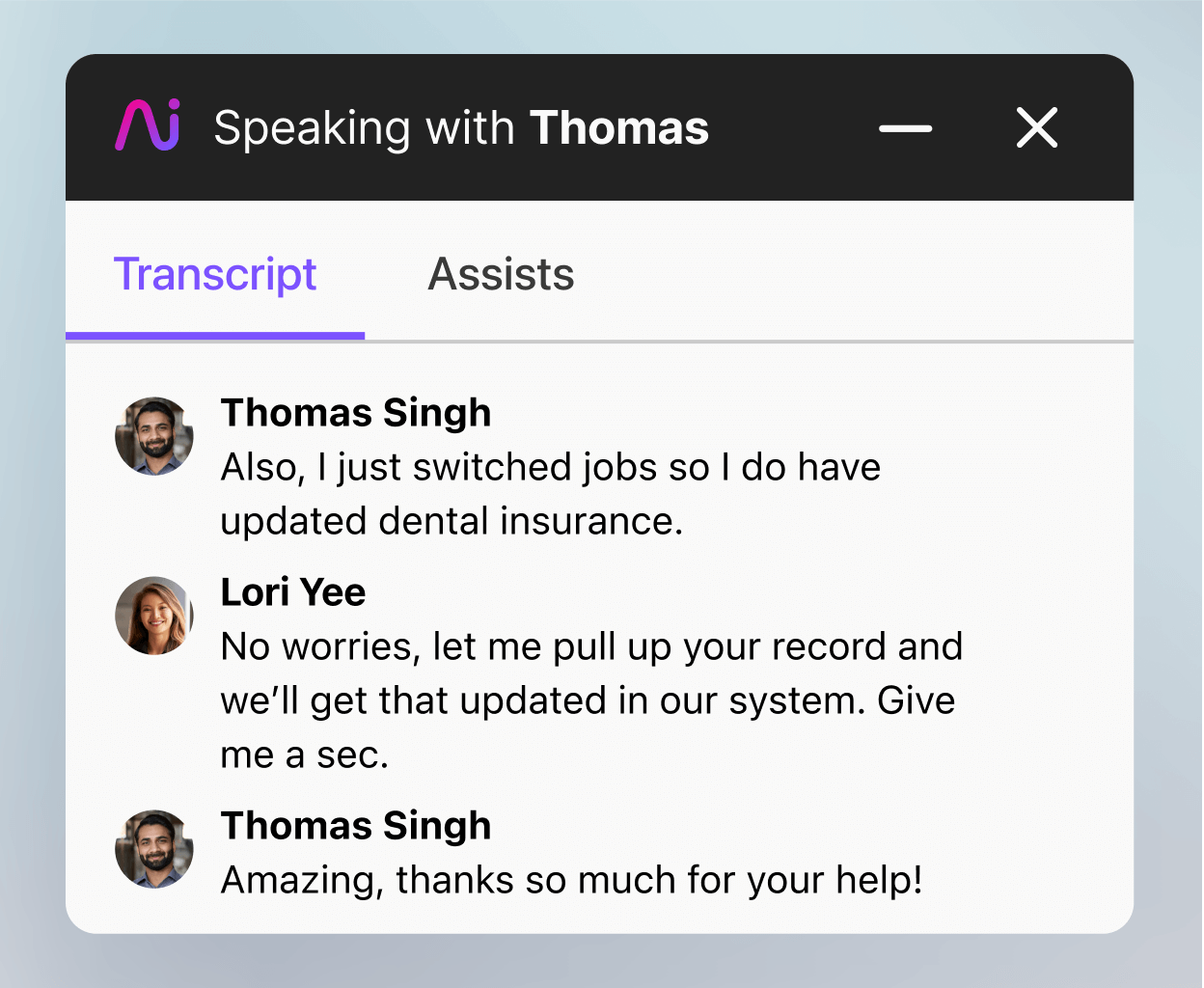 Screenshot of Dialpad Ai transcribing a phone call in real time
