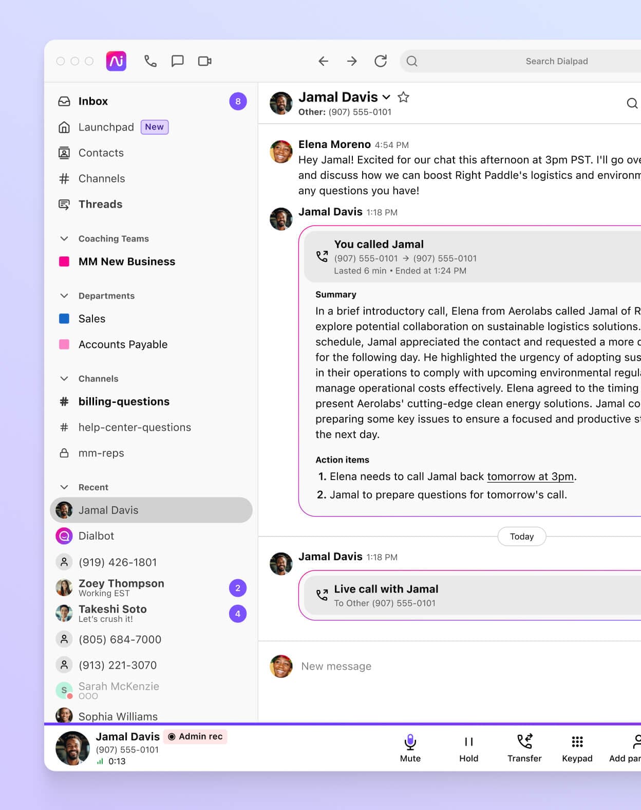 Screenshot of Dialpad Ai Recaps generating a summary and action items after a phone call ends