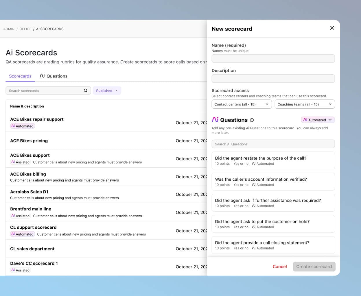 Screenshot of Dialpad Ai Scorecard showing which part of the call an agent met the criteria
