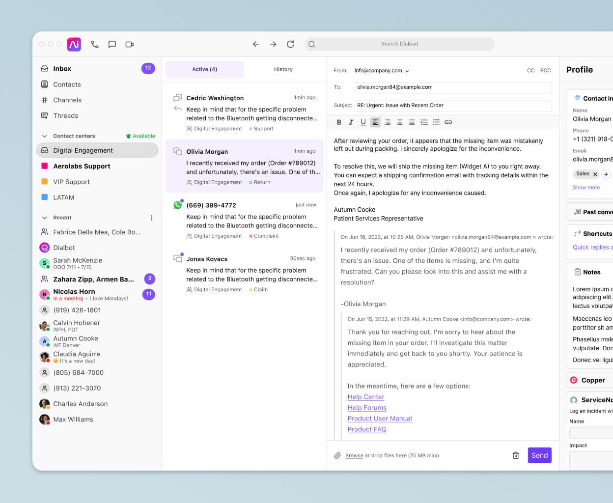 Screenshot of social media, digital, and voice channels being handled by an agent in Dialpad's omnichannel contact centre platform.