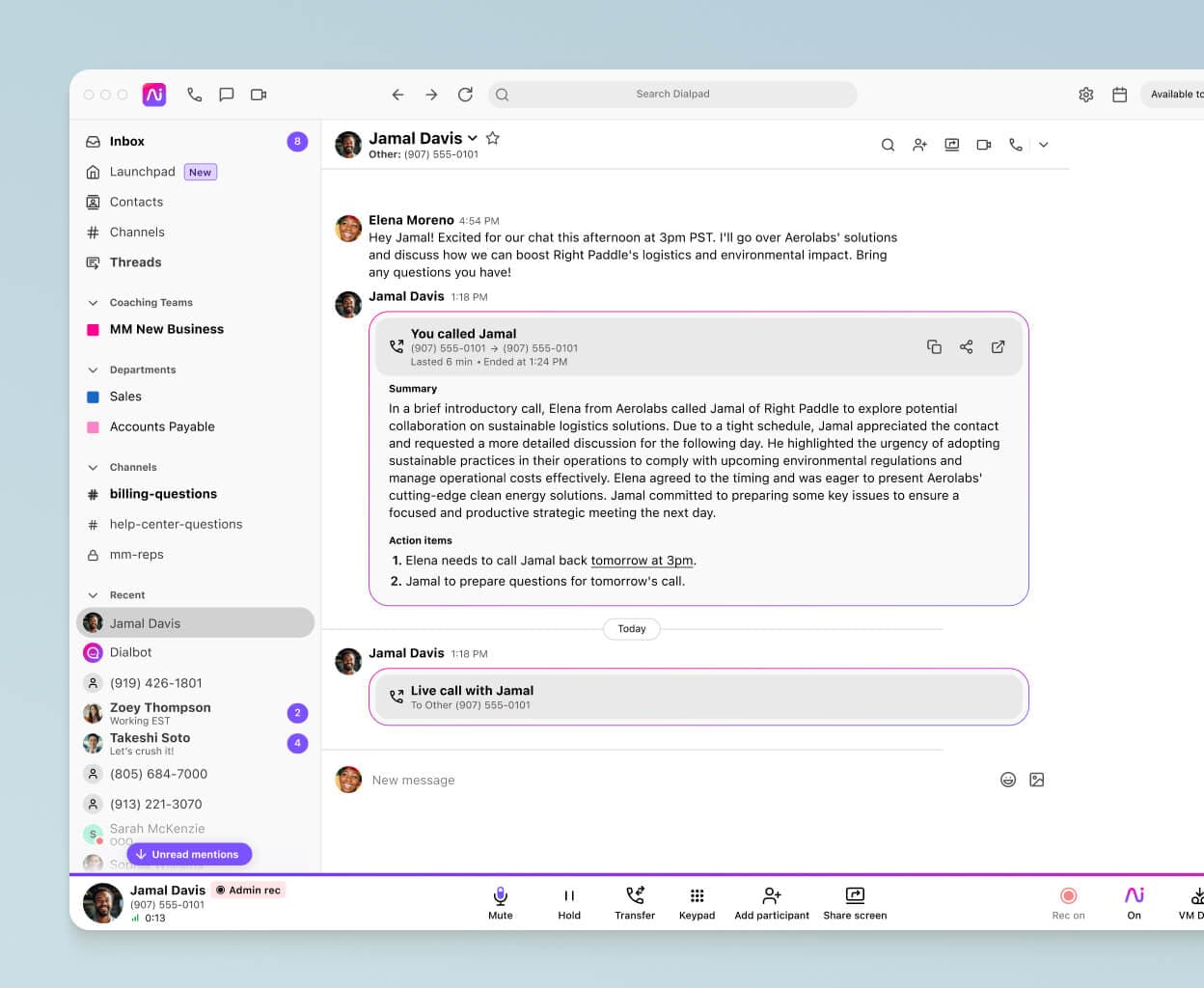 Screenshot of Dialpad's AI-powered post-call summary with transcript, recording, and action items.