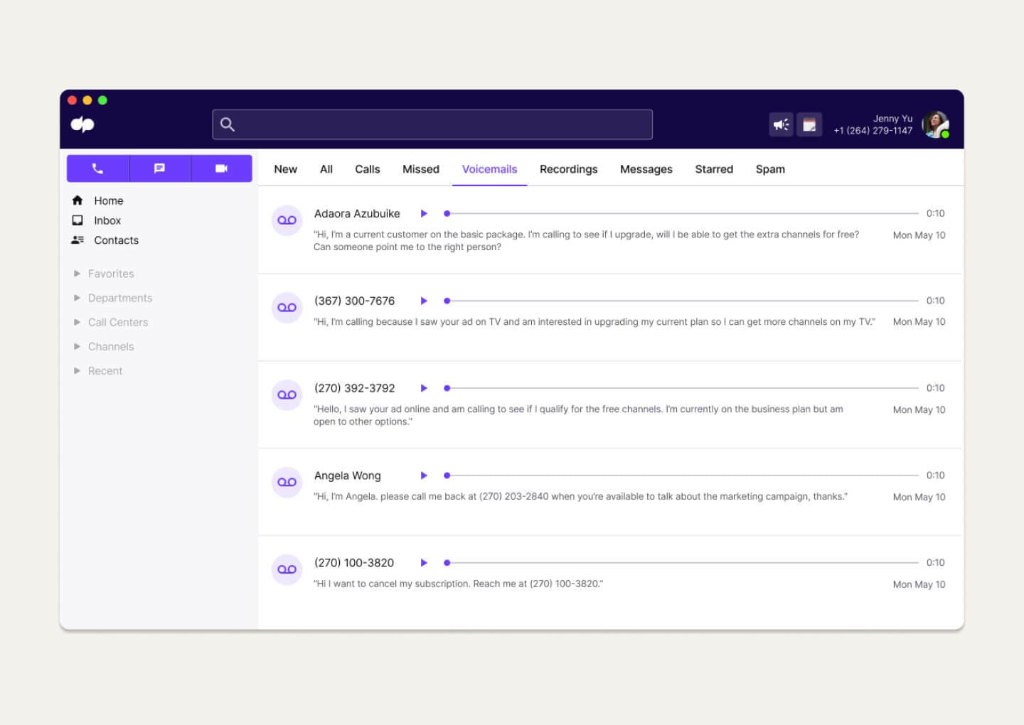 Visual Voicemail single item card