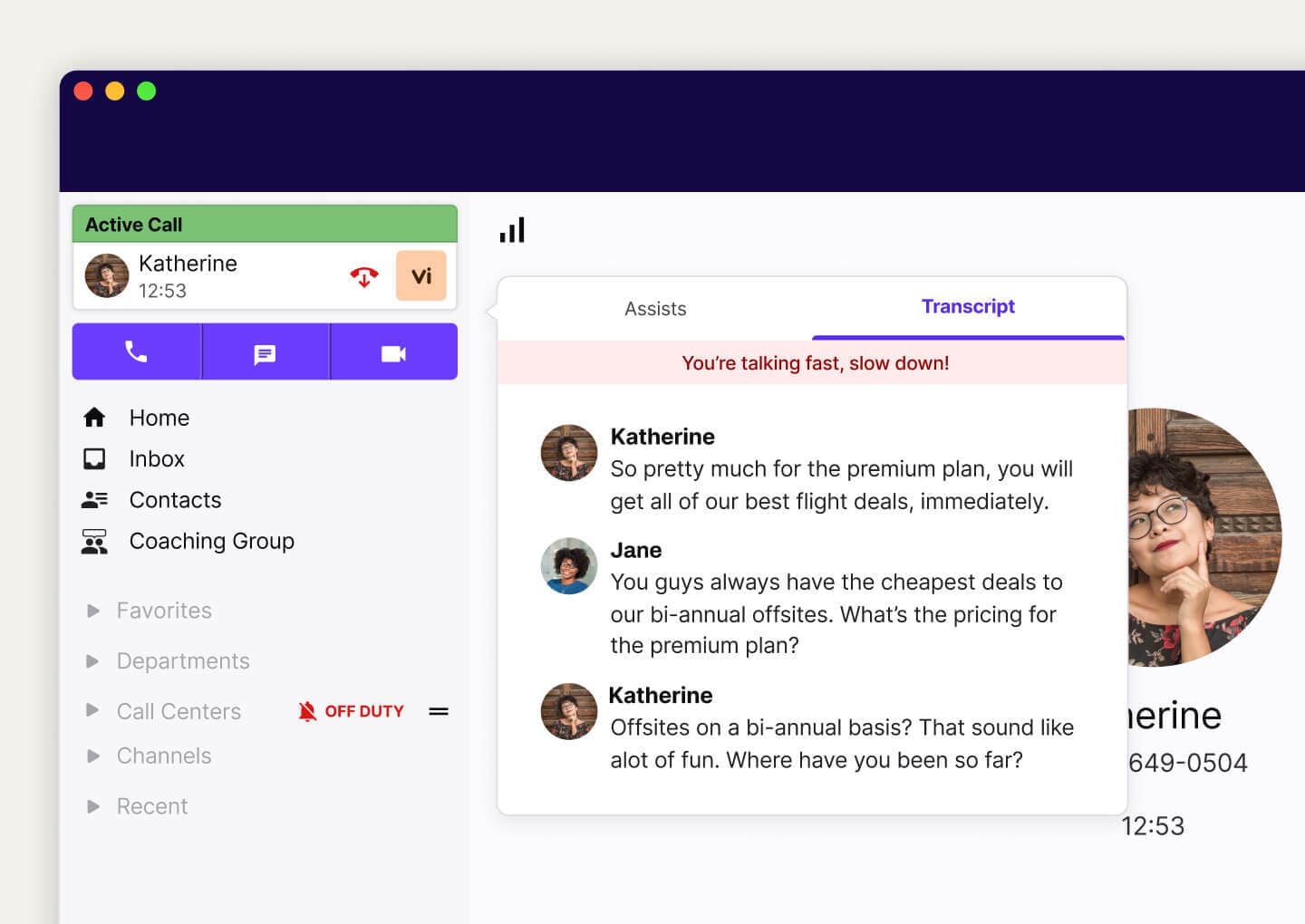 Dialpad Ai transcribing a phone call in real time.
