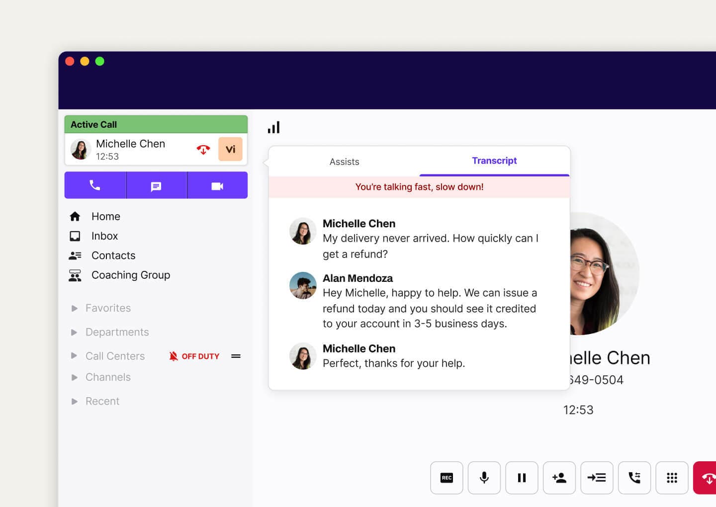 Screenshot of Dialpad Ai transcribing a conference call in real time.