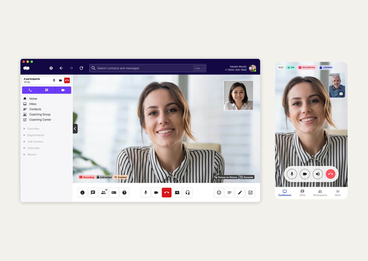 Video call on a desktop and mScreenshot of a video conference happening in Dialpad's desktop and mobile app.obile device