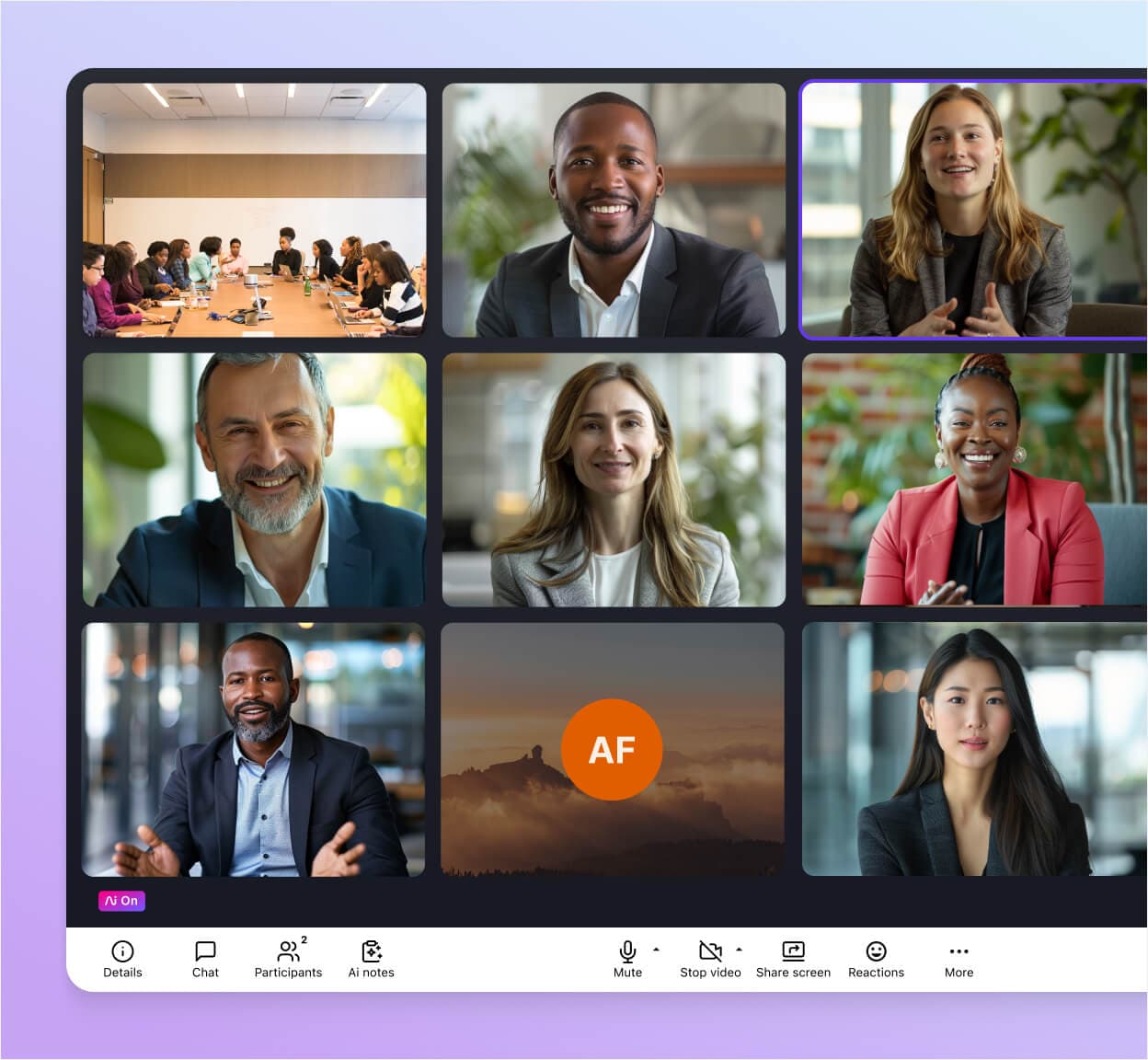 Screenshot of Dialpad AI Meetings UI in grid view, showing participant thumbnails and call controls below