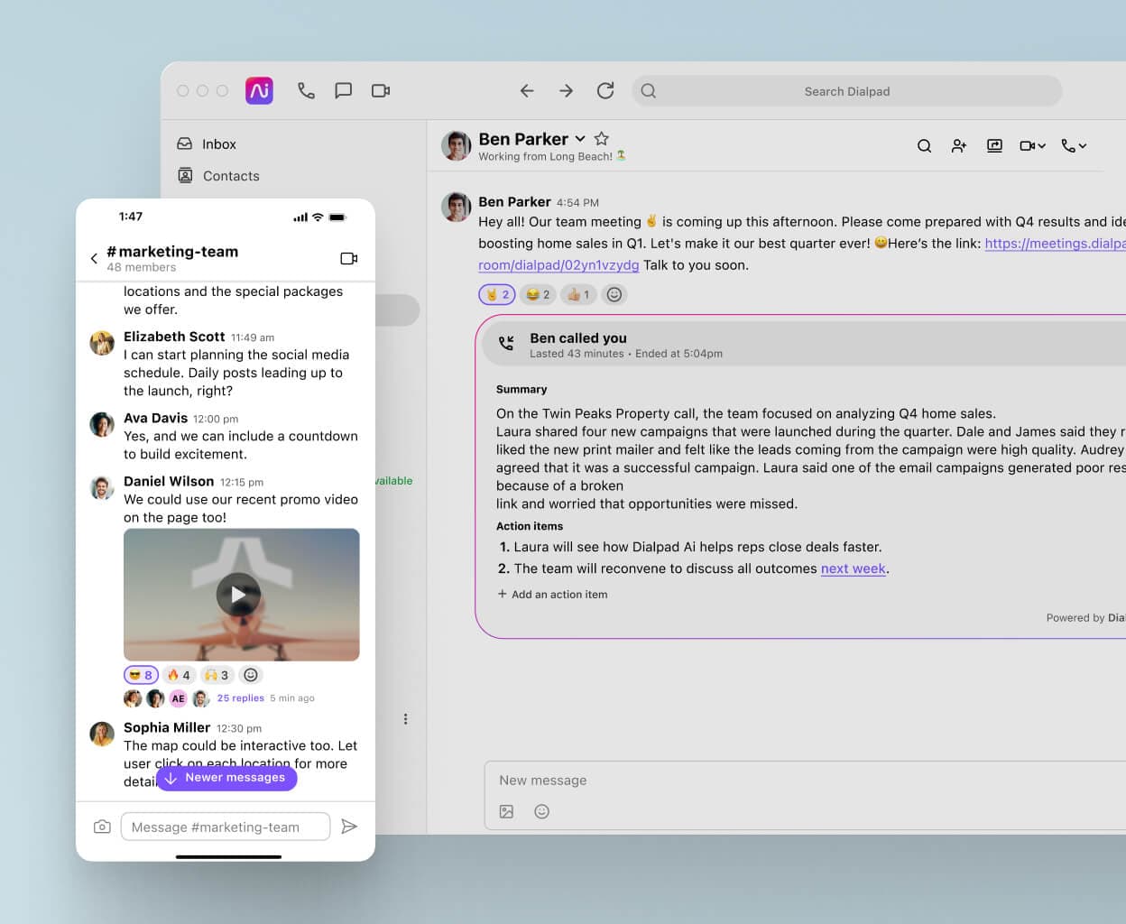 Screenshot of business text messaging features in Dialpad's desktop and mobile applications