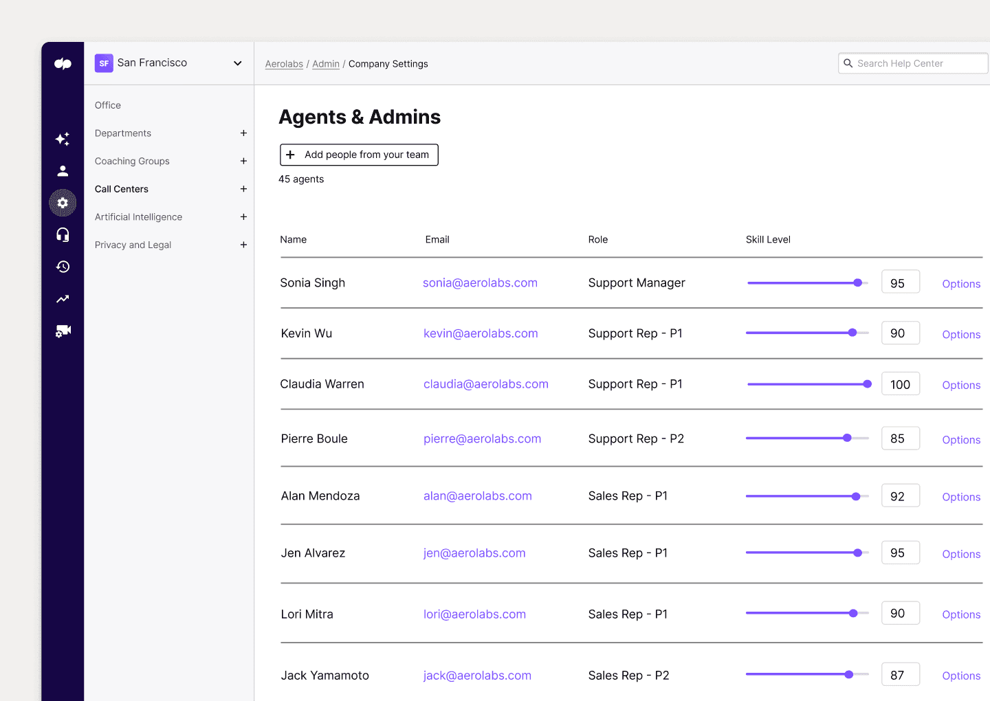 Screenshot of adding new agents to a contact center team in Dialpad's online dashboard