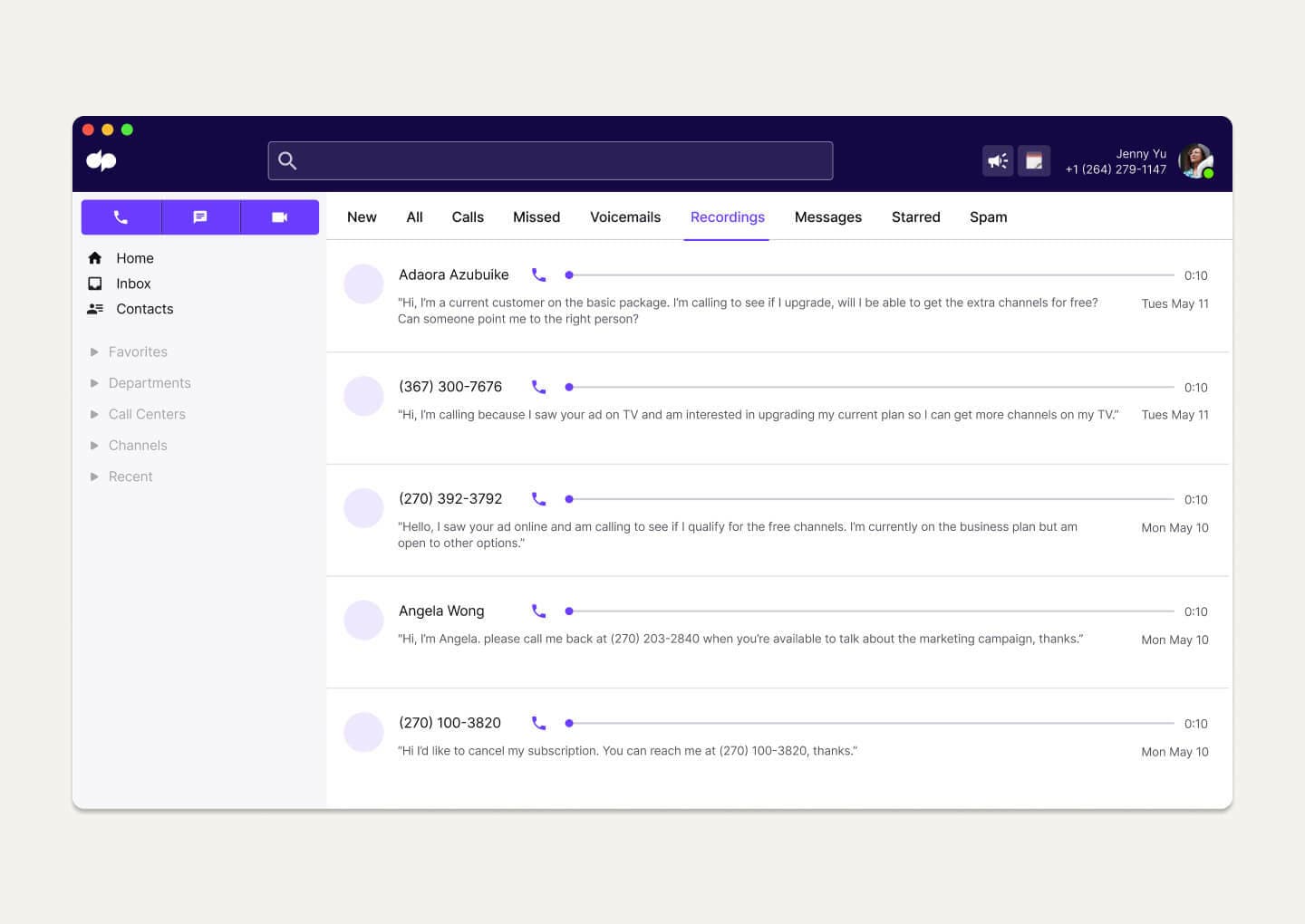 A screenshot of call recordings in Dialpad's app