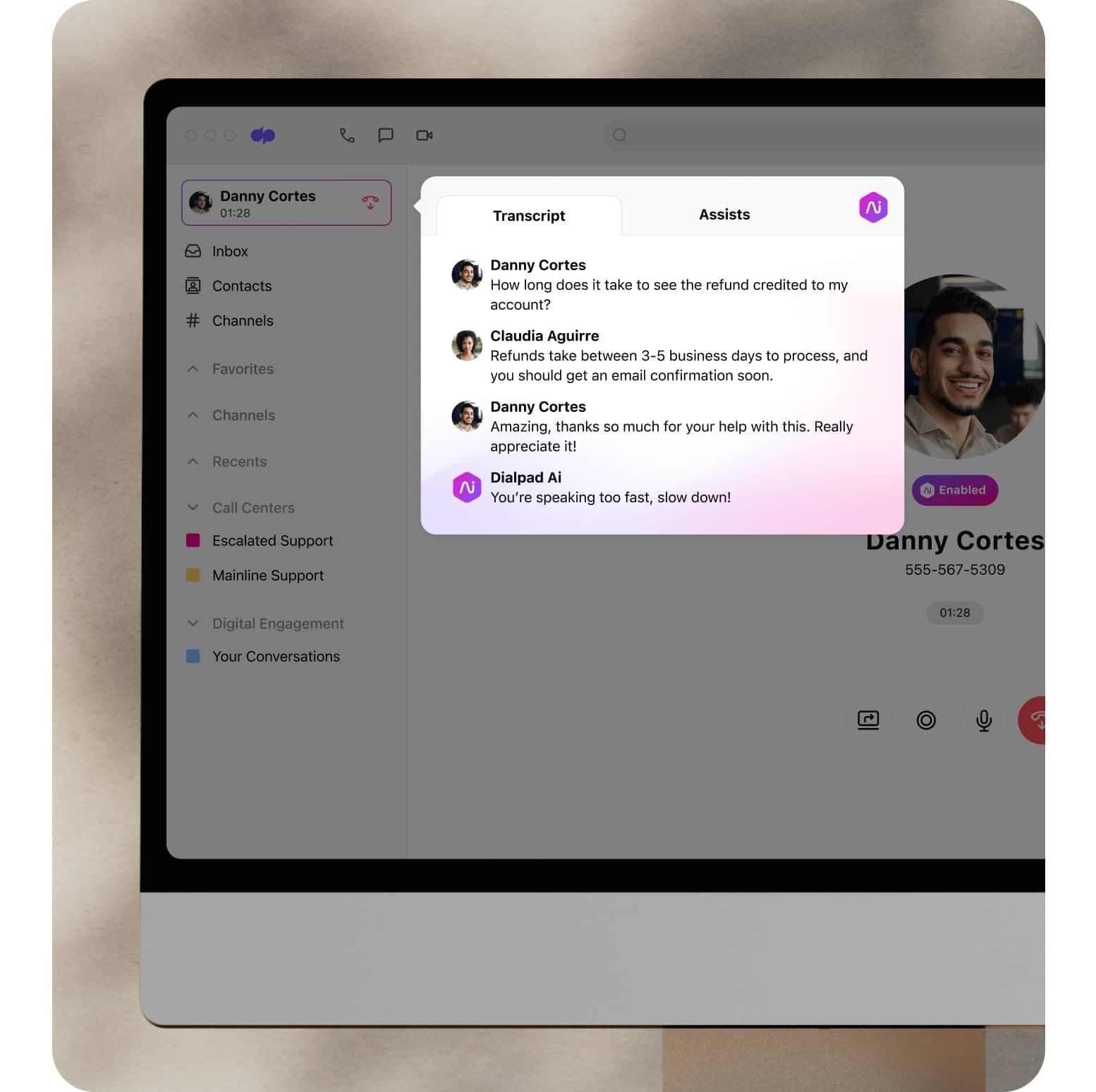 Screenshot of Dialpad Ai transcribing a phone call in real time