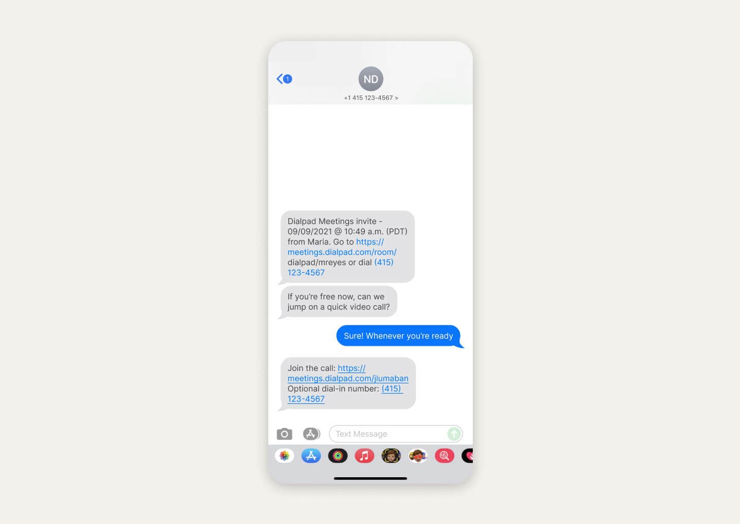 Sending a screen share invite via SMS text message using Dialpad.