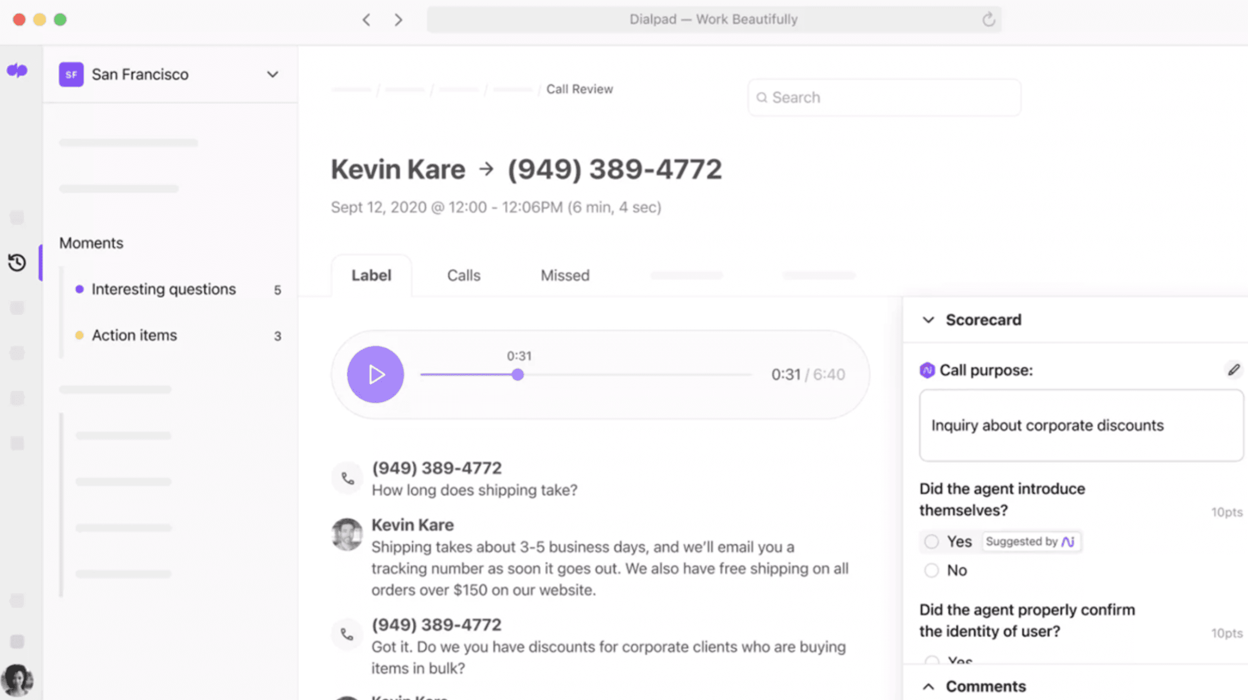 A Dialpad Ai QA Scorecard as it appears while a call is ongoing