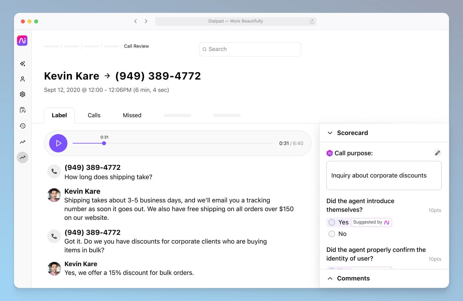 Screenshot of Dialpad-s AI-powered post-call summary with transcript and recording