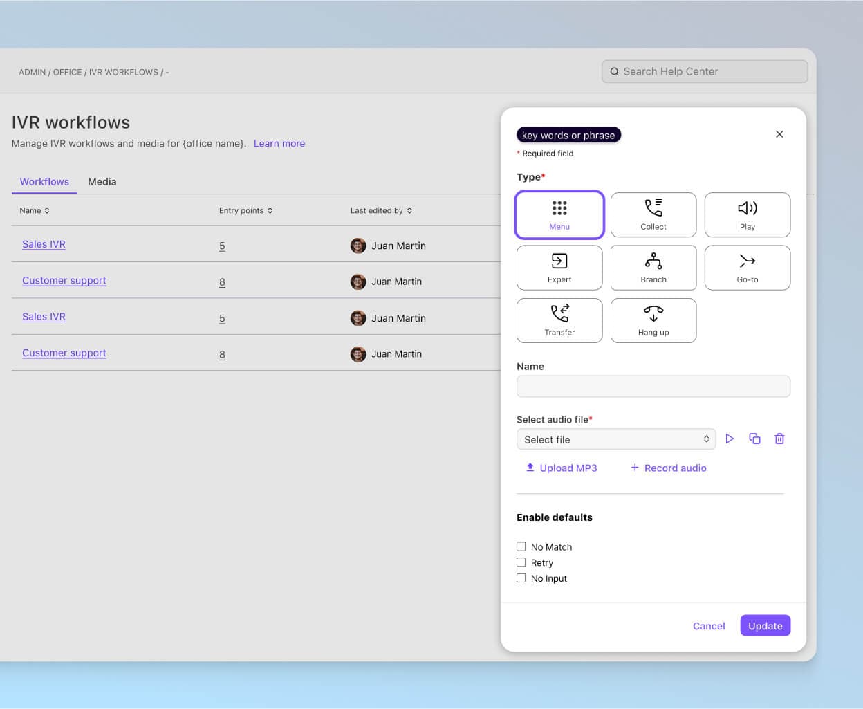 Screenshot of setting up an IVR flow in Dialpads online dashboard