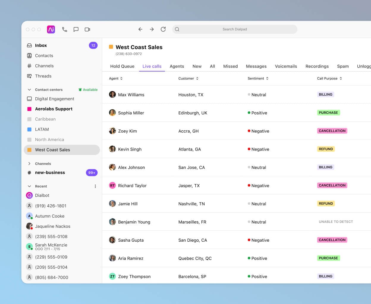Screenshot of live calls on Dialpad's Dialpad Support