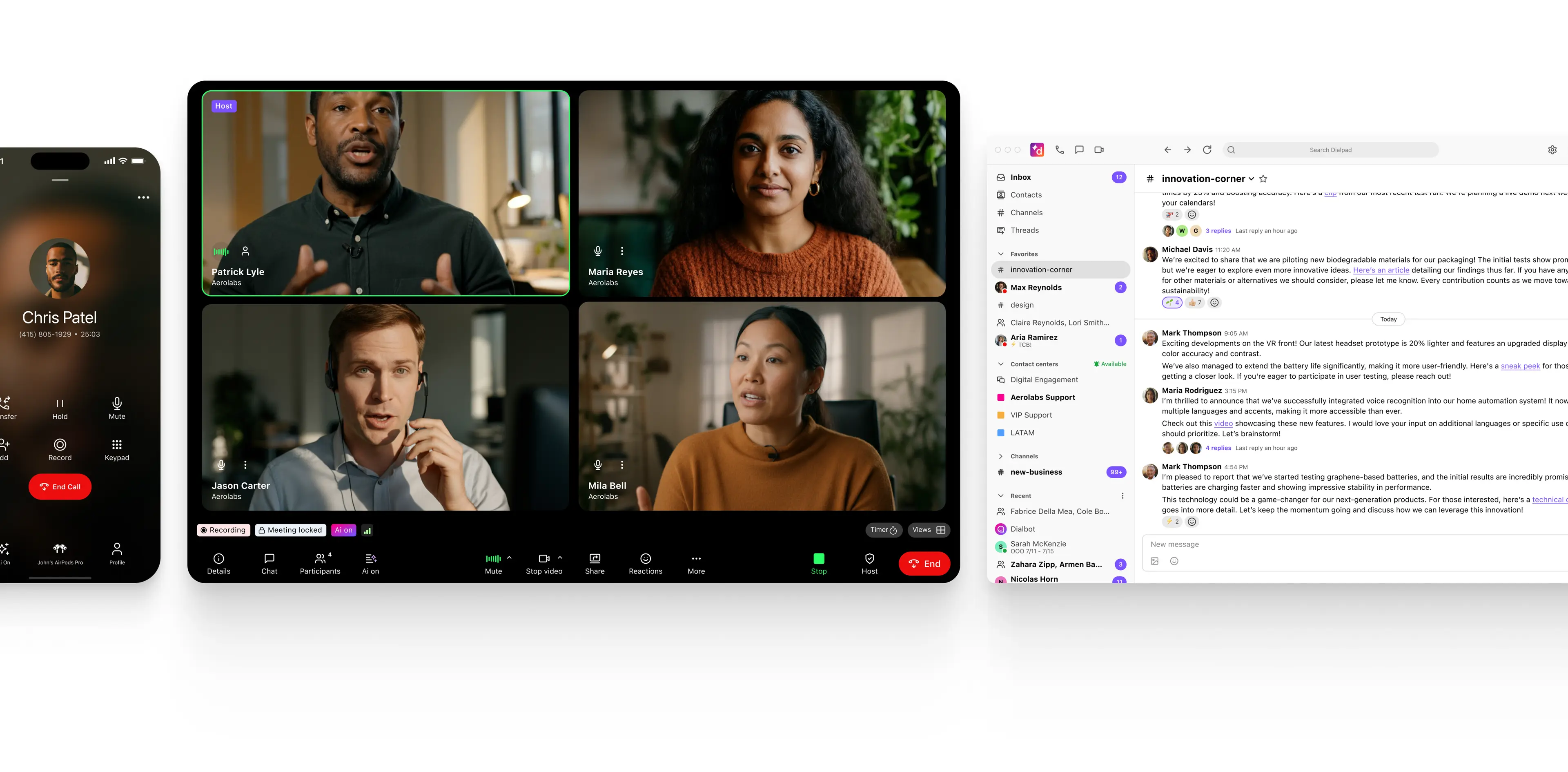 Image of a mobile phone receiving a call from a known contact, Screenshot of four people on a Dialpad video conference, Screenshot of Dialpad messaging in a channel related to innovation
