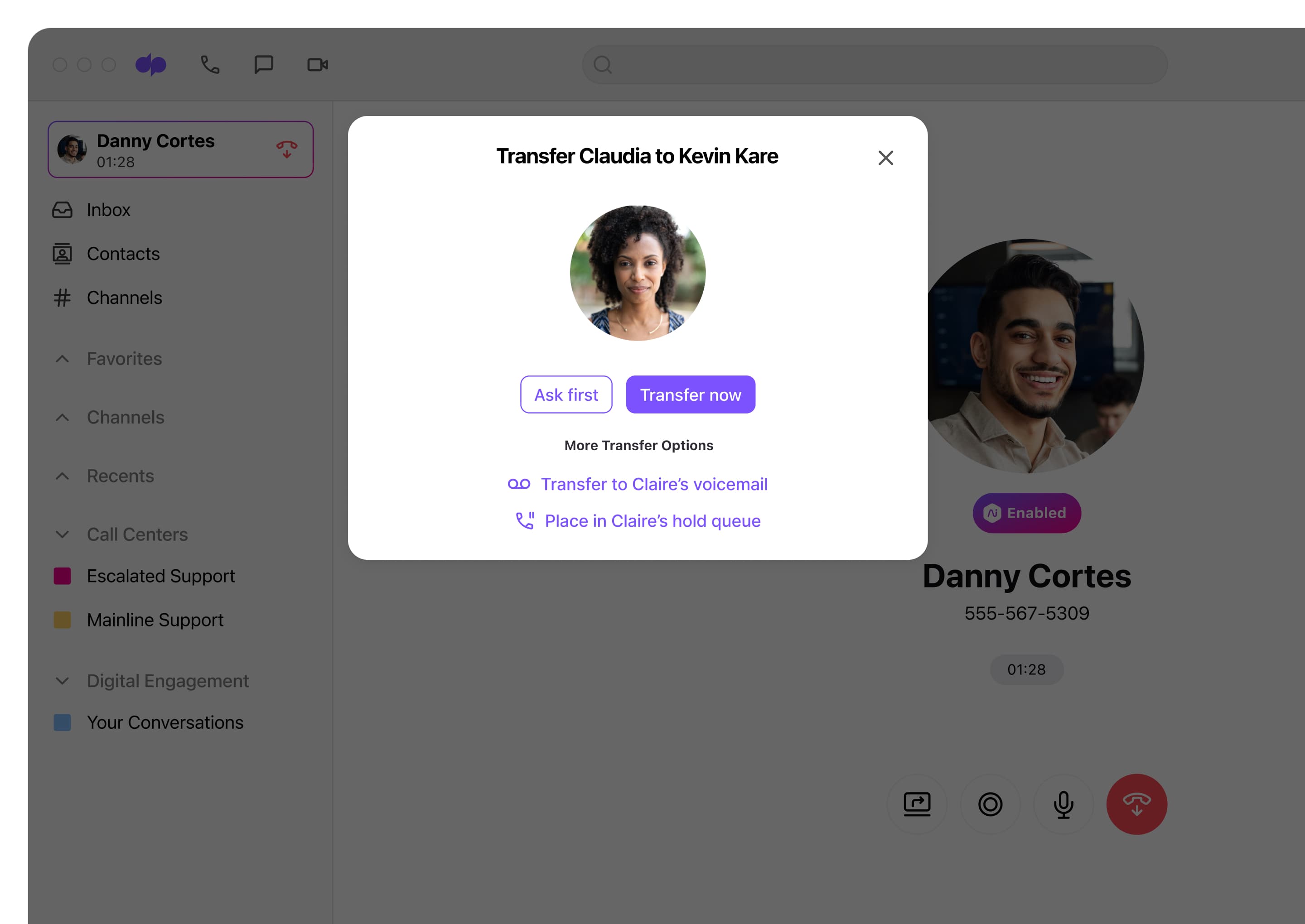 Screenshot of transferring a call in Dialpad