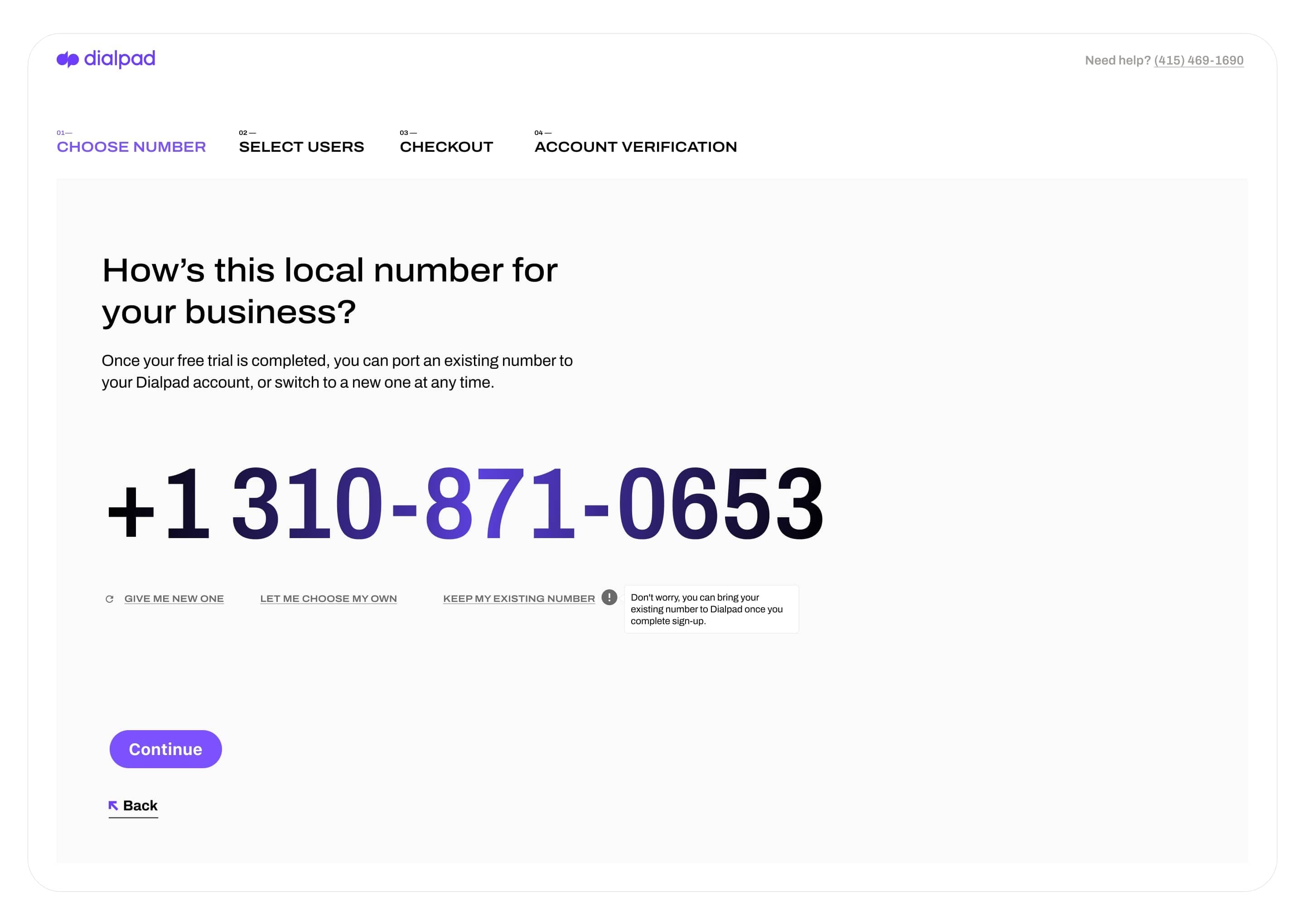 Screenshot of setting up a new phone number from Dialpad's online dashboard