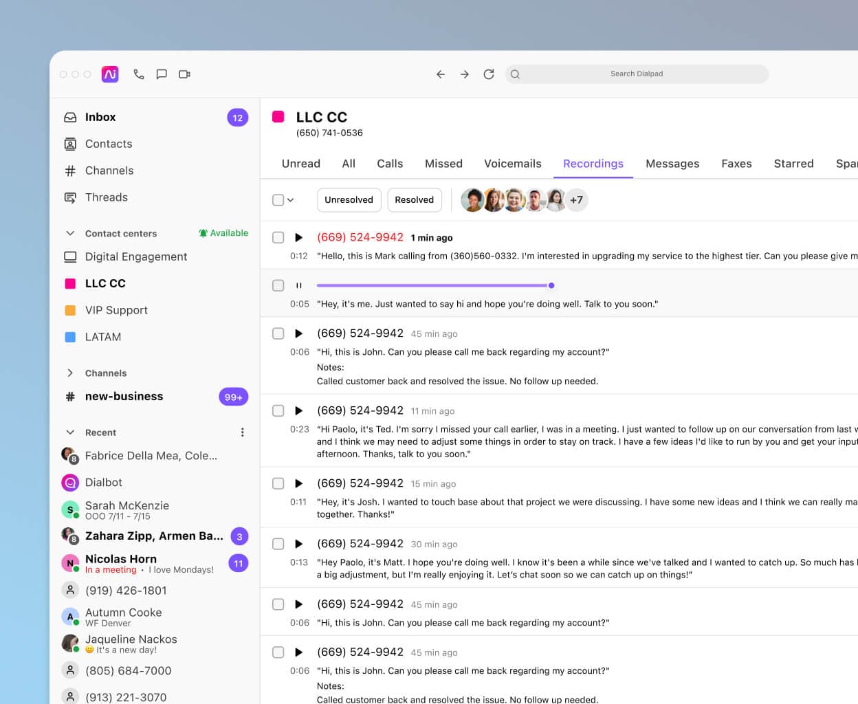 Screenshot of list of call recordings in Dialpad's desktop app