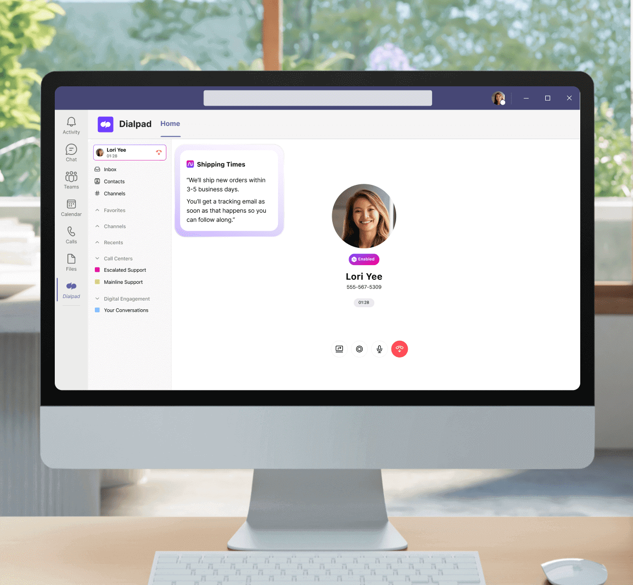 Un ordinateur montrant l'interface utilisateur de l'intégration Dialpad dans l'application Microsoft Teams
