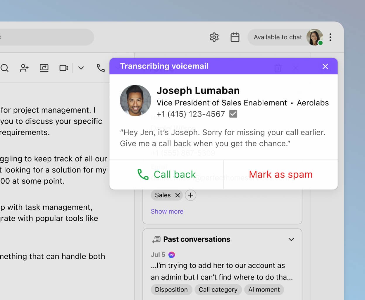 Screenshot of Dialpad Ai transcribing a voicemail