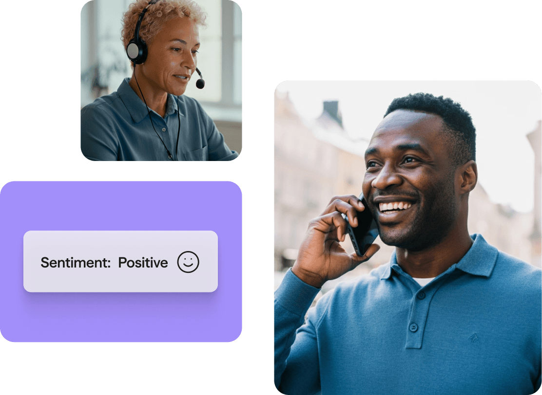 Image of a customer speaking with customer support on the phone, a customer support agent speaking with a customer, and a sentiment analysis that is positive