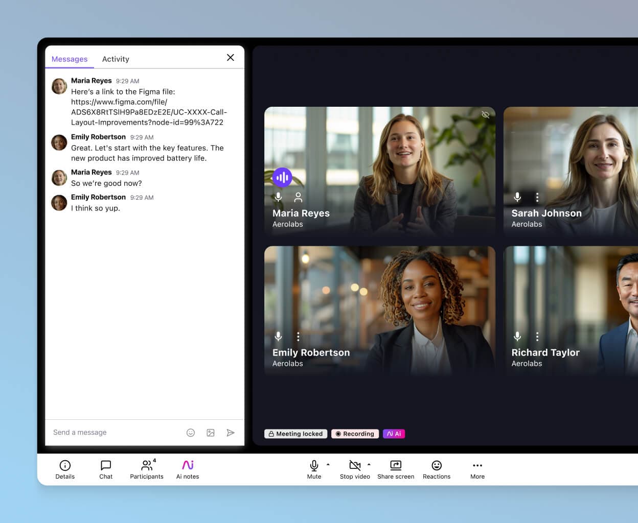 Screenshot of an in-meeting chat on a video call using Dialpad's communications platform