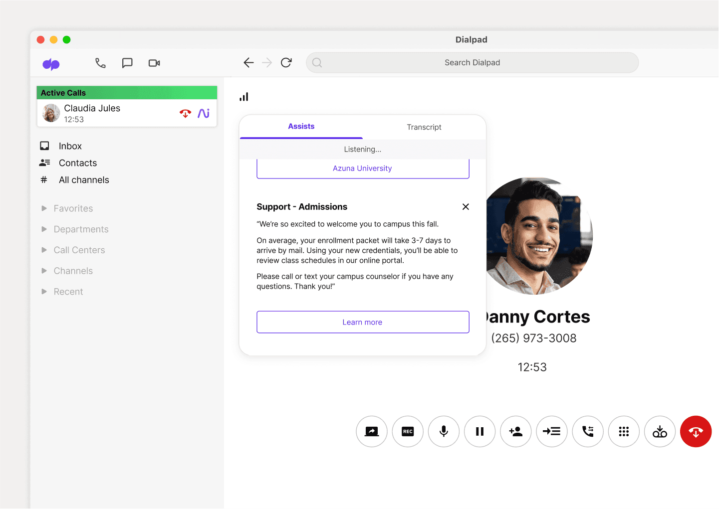 Screenshot of Dialpad's real time assist card feature popping up helpful notes for an agent or rep when a tricky question comes up on a call.