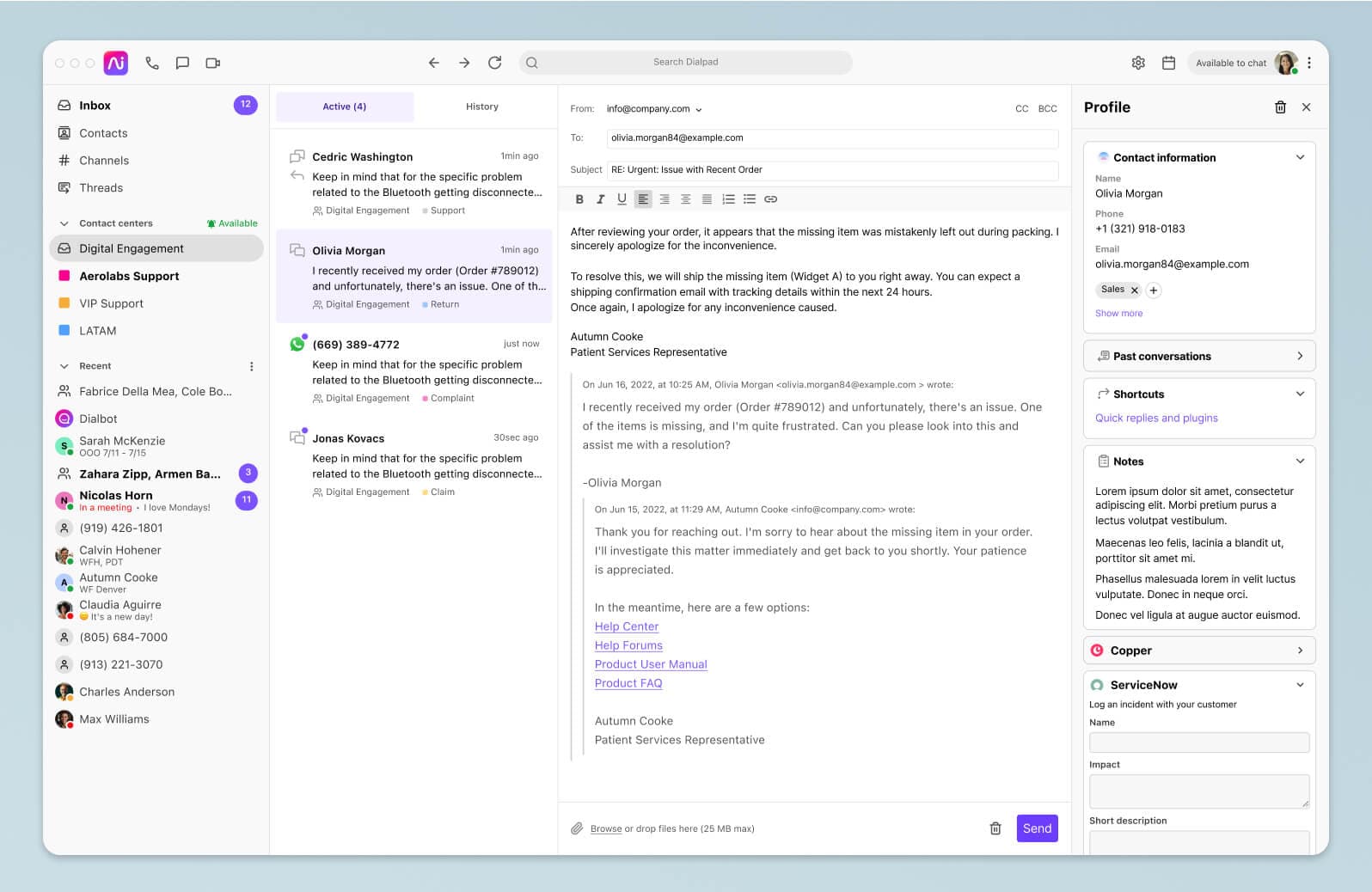 A screenshot of social media, digital, and voice channels being handled by an agent in Dialpad-s omnichannel contact center platform.