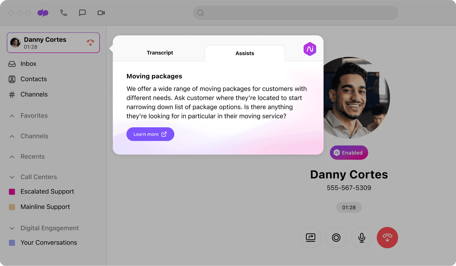 Screenshot of Dialpads Ai Agent Assist popping up real time guidance during a live call